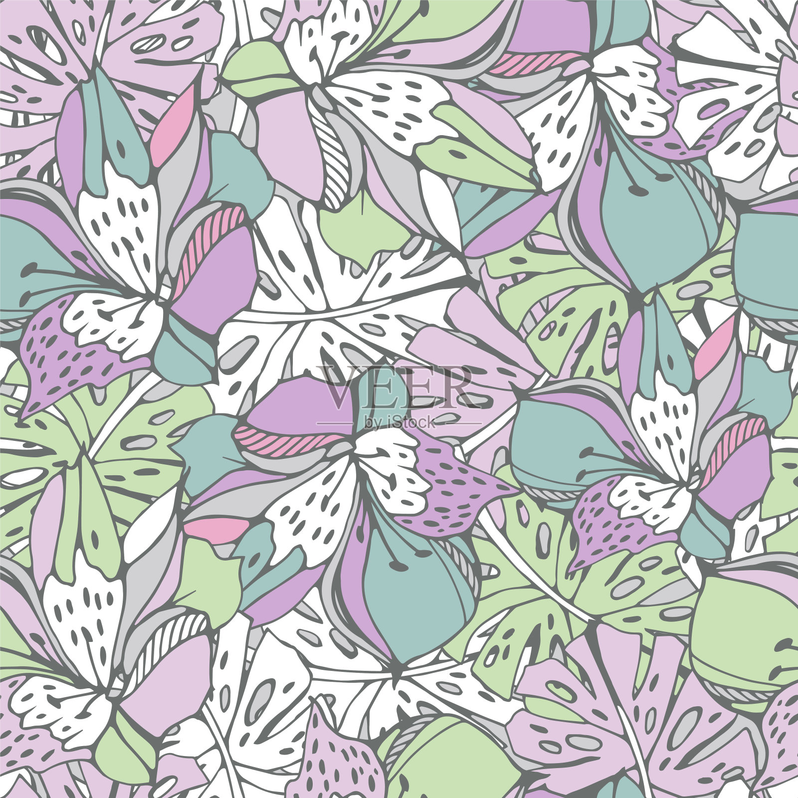 热带无缝图案的怪物叶和百合插画图片素材