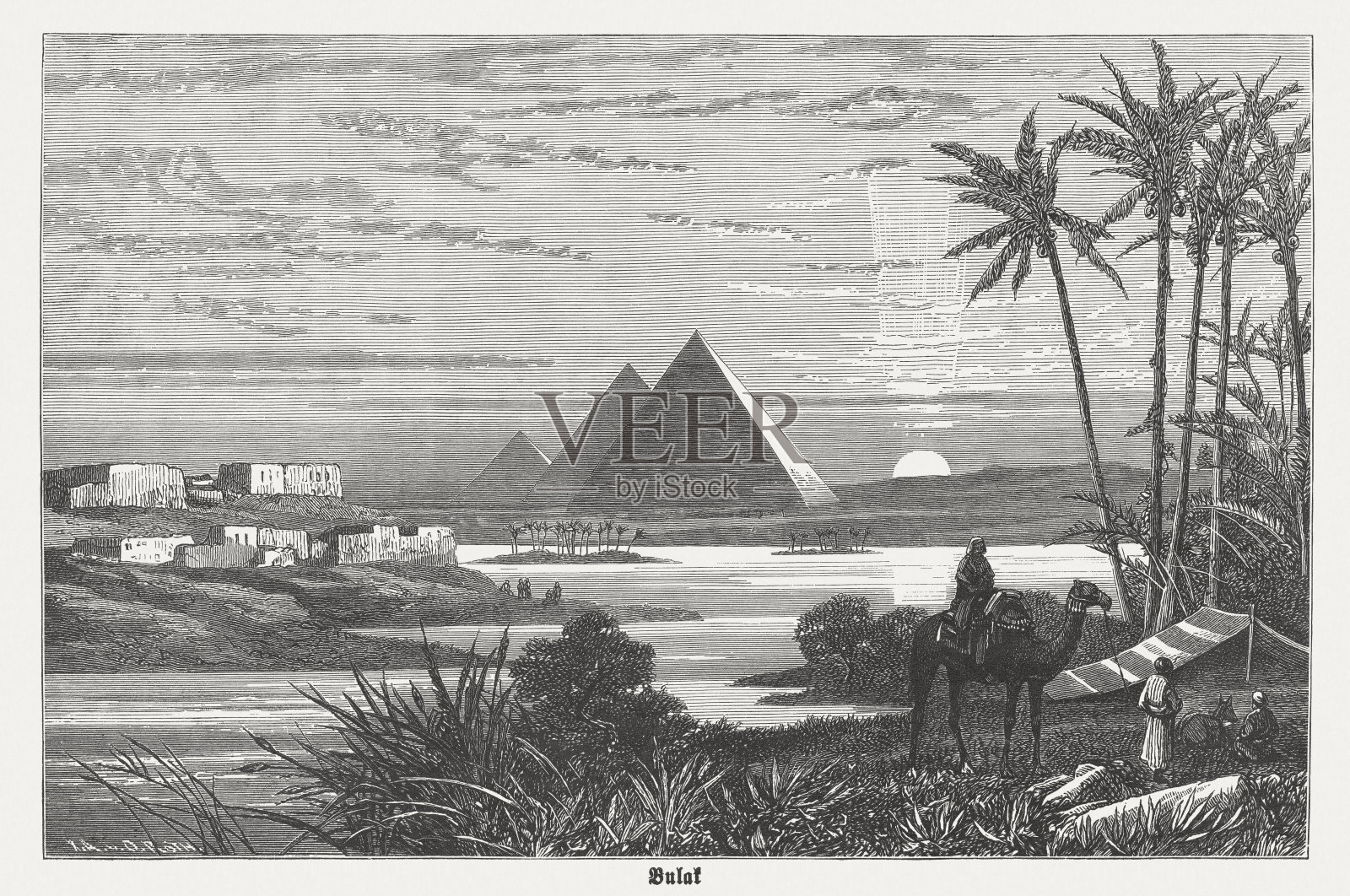 1882年尼罗河洪水期间的吉萨金字塔插画图片素材