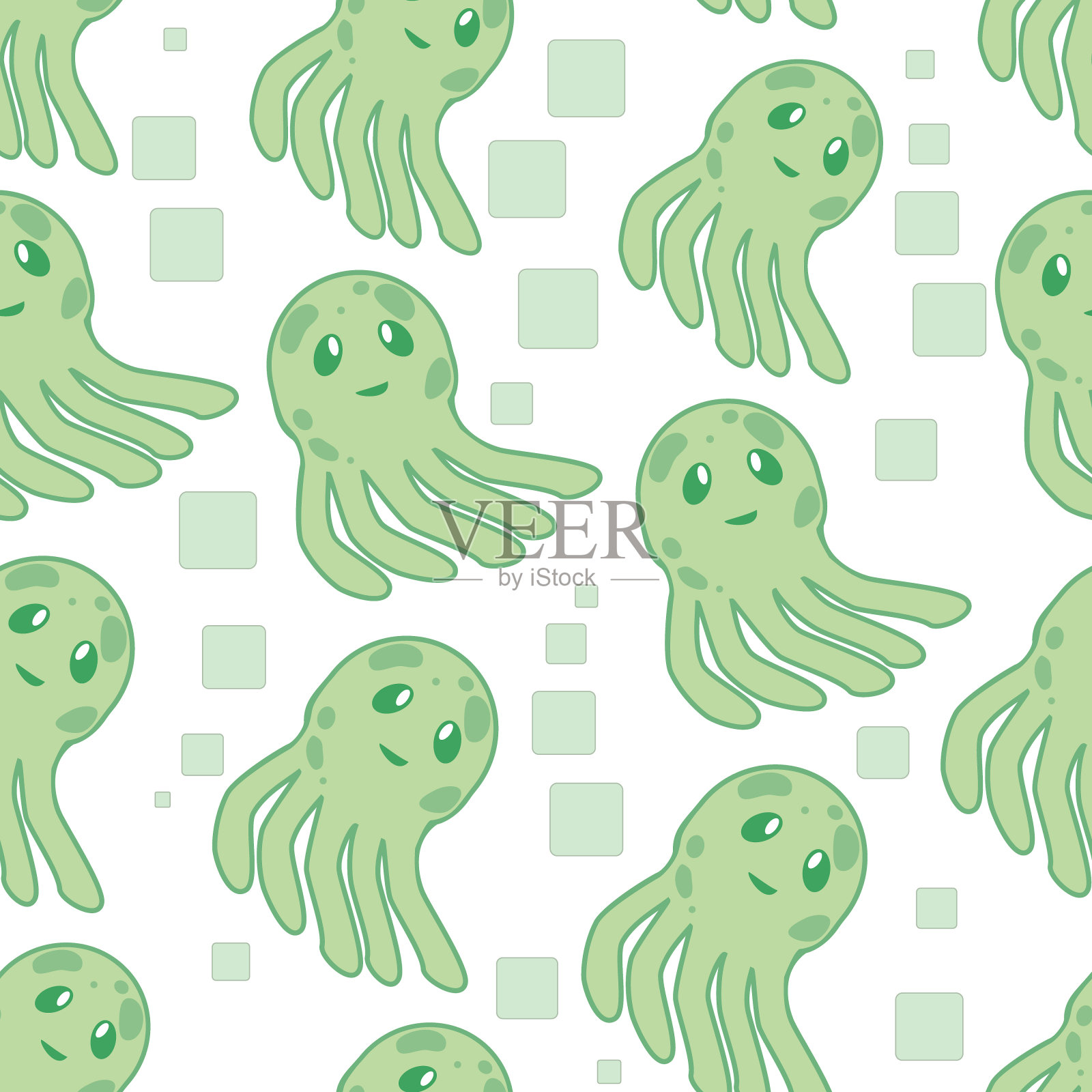 可爱快乐的水母卡通人物无缝图案海洋动物矢量插图。大自然动物水生水母，水族馆热带海洋。插画图片素材