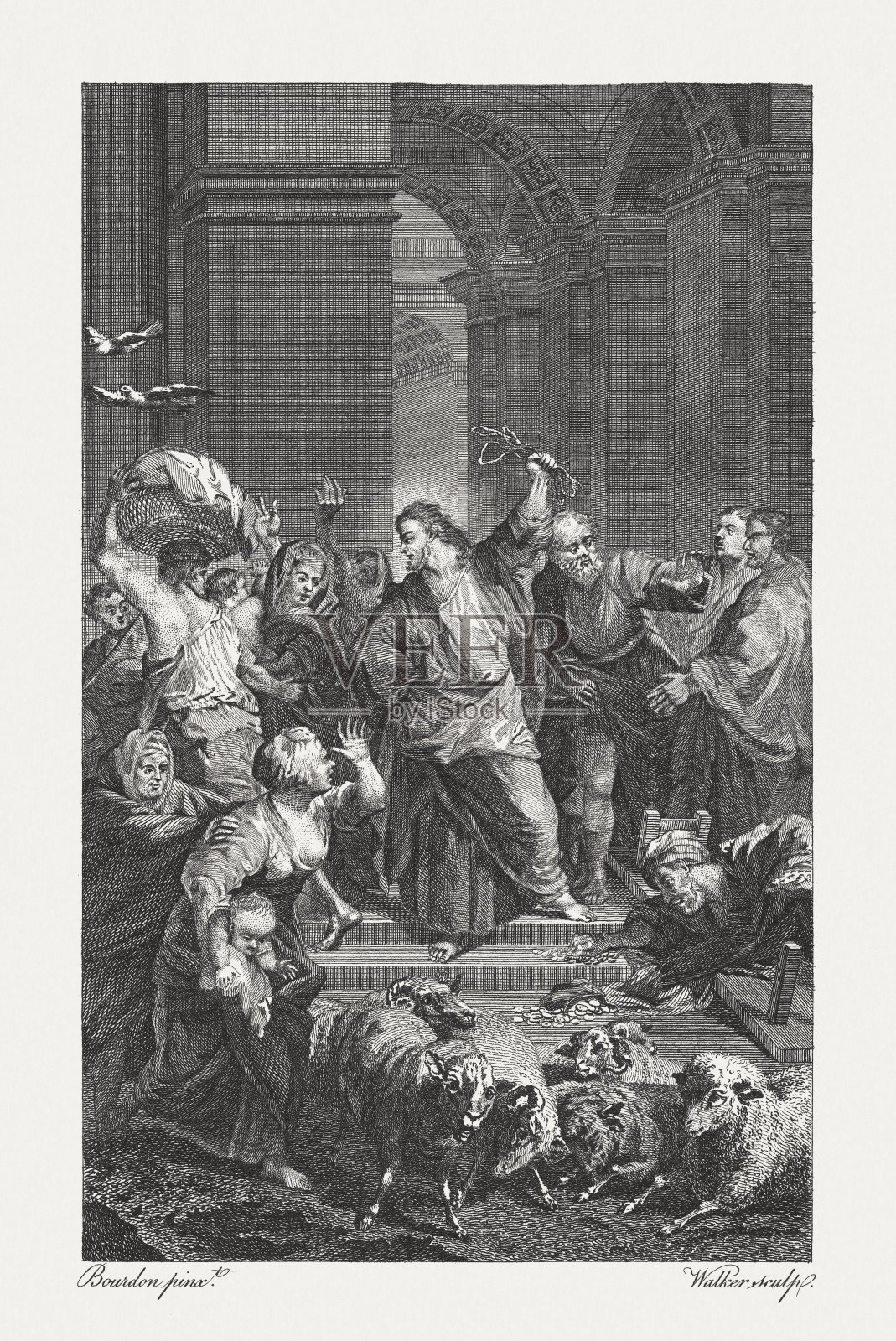 基督净化圣殿(马太福音21章)，铜版画，1774年出版插画图片素材