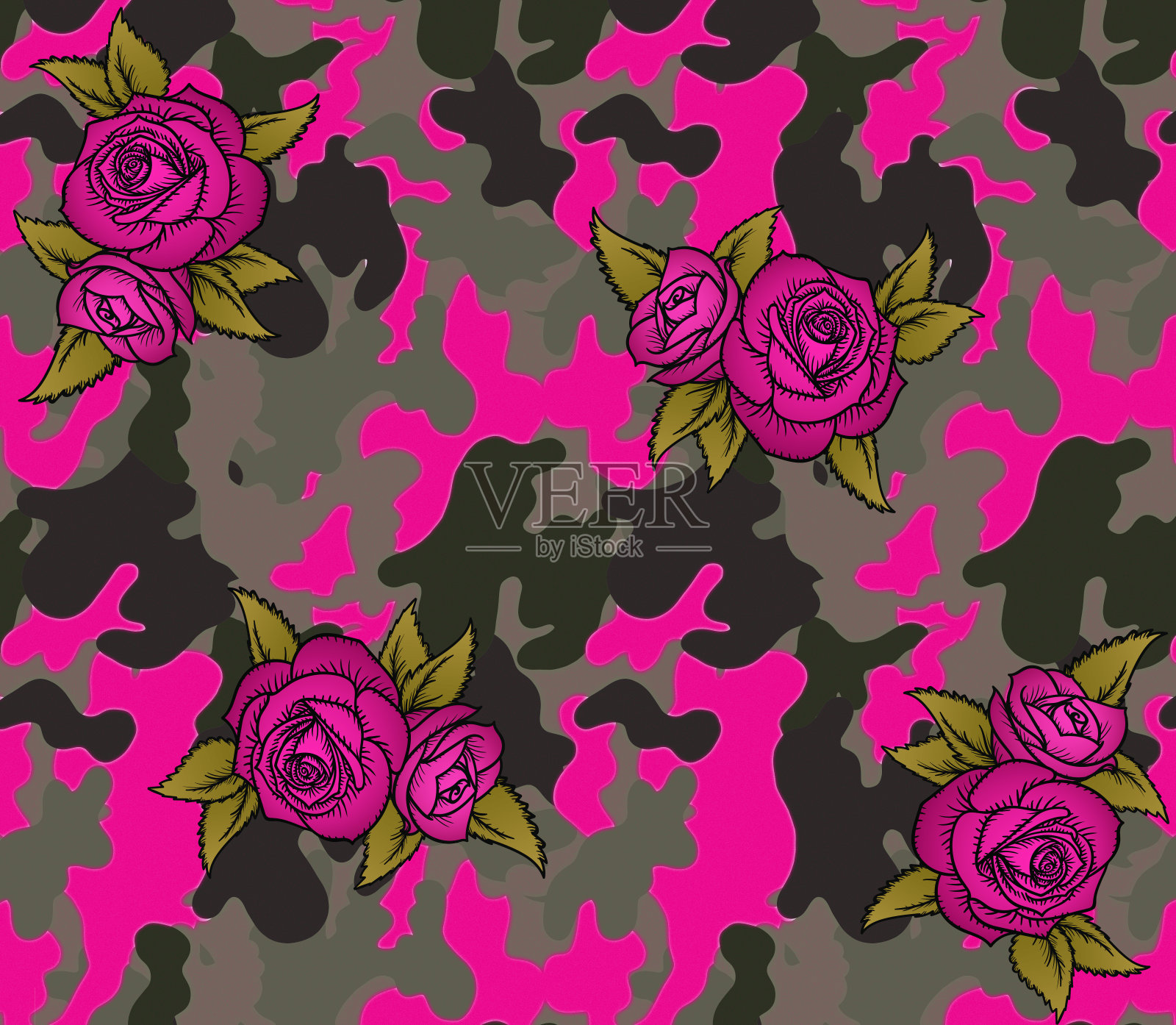 迷彩图案背景与玫瑰插画图片素材