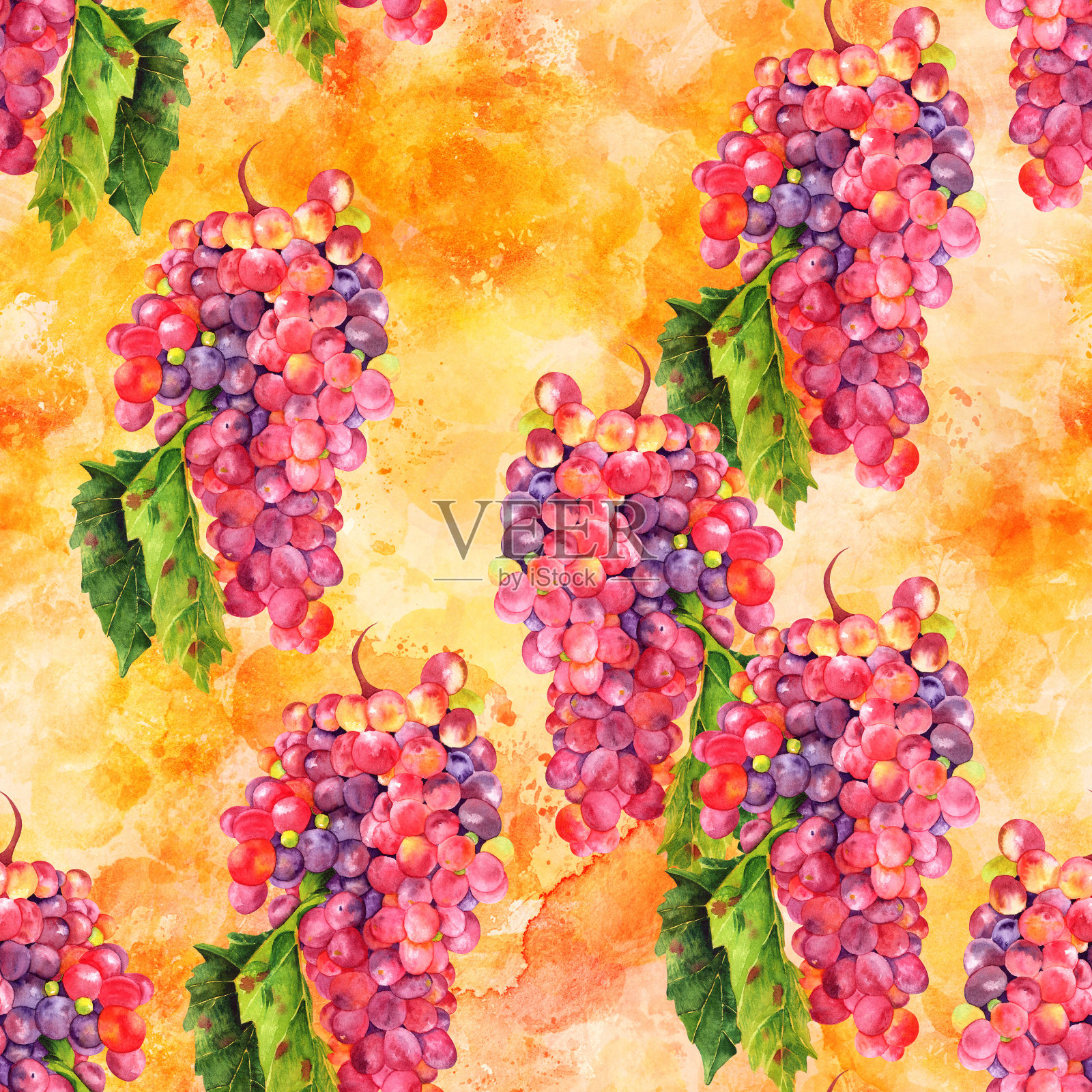 无缝水彩葡萄酒背景图案上的金色设计元素图片