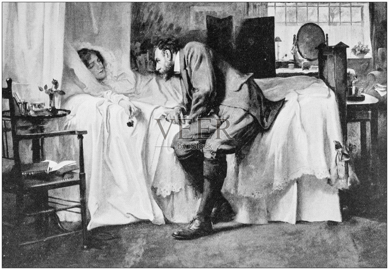 古董绘画照片:生病的女人插画图片素材