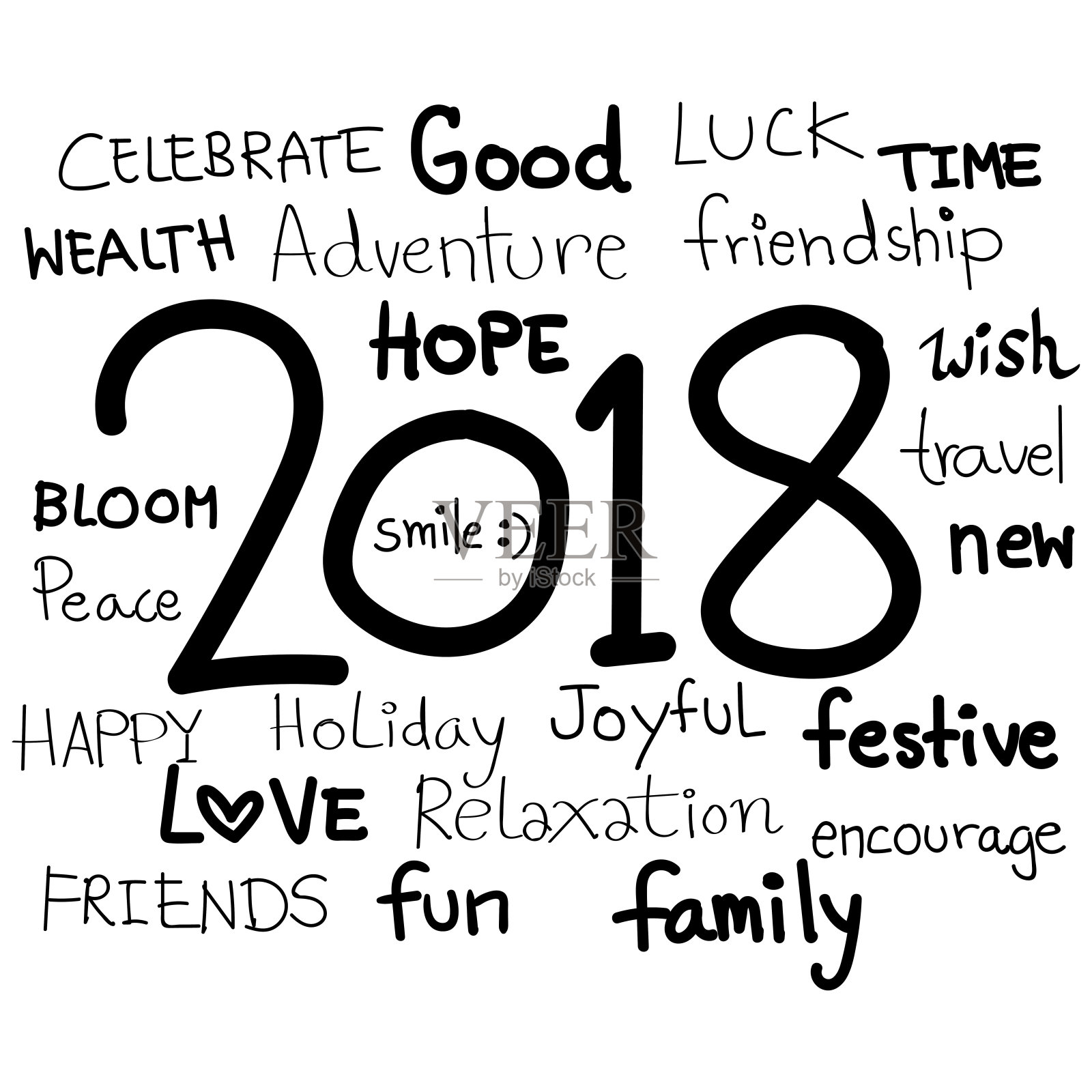 世界国际节日新年快乐涂鸦风格与字母和好的含义的文字背景设计元素图片