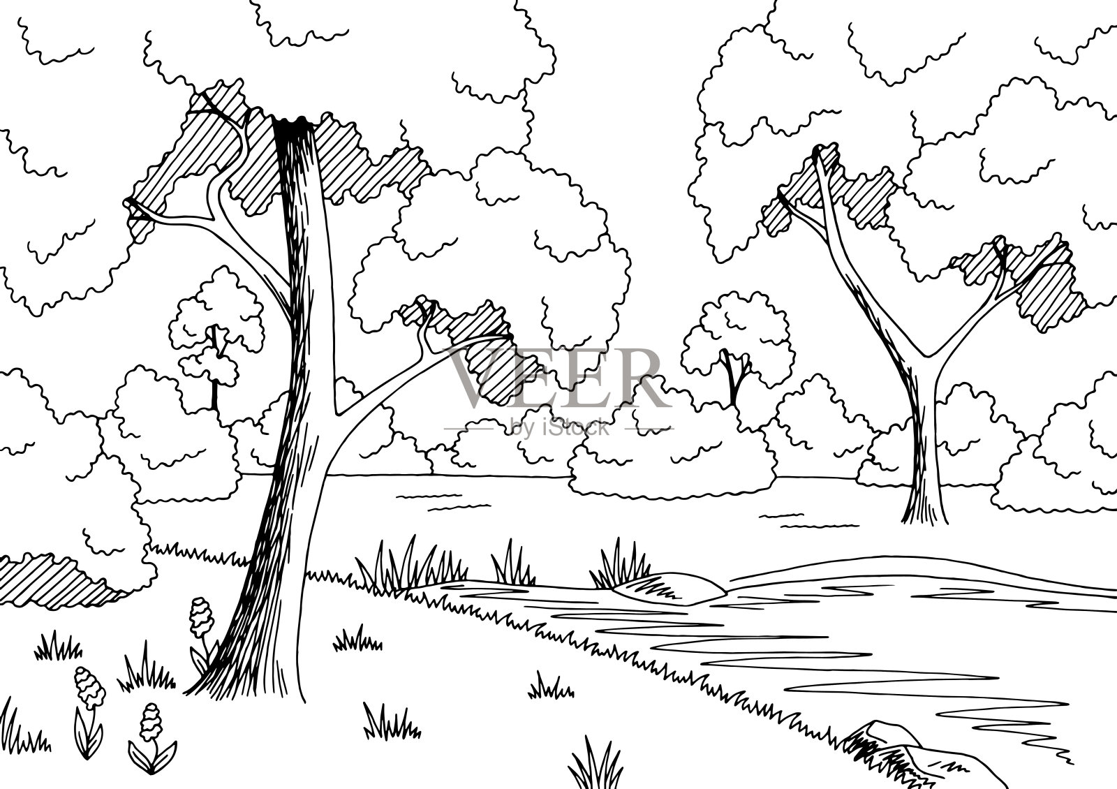 森林湖图形黑白景观素描插图矢量插画图片素材