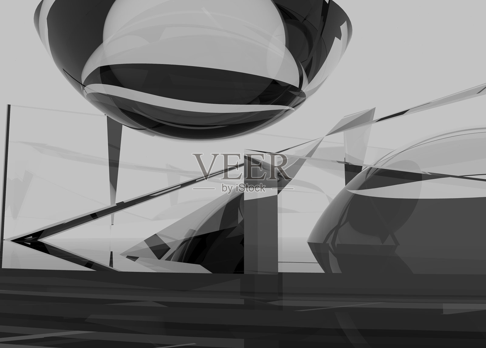 未来的建筑设计。玻璃球和几何元素的三维组成。照片摄影图片