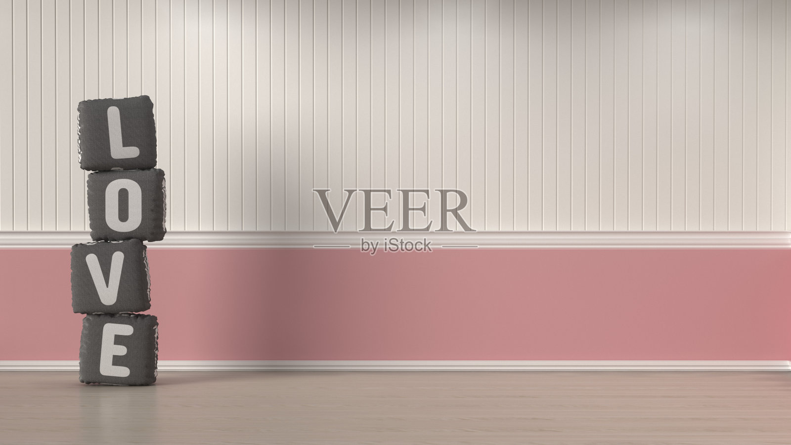 情人节枕头装饰在空的房间3D插图简单的客厅和白色和粉色的墙壁室内设计照片摄影图片