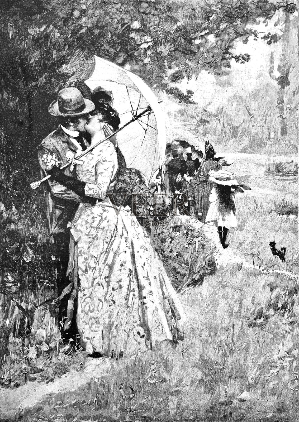 维多利亚风格的情侣在花园的伞下接吻插画图片素材