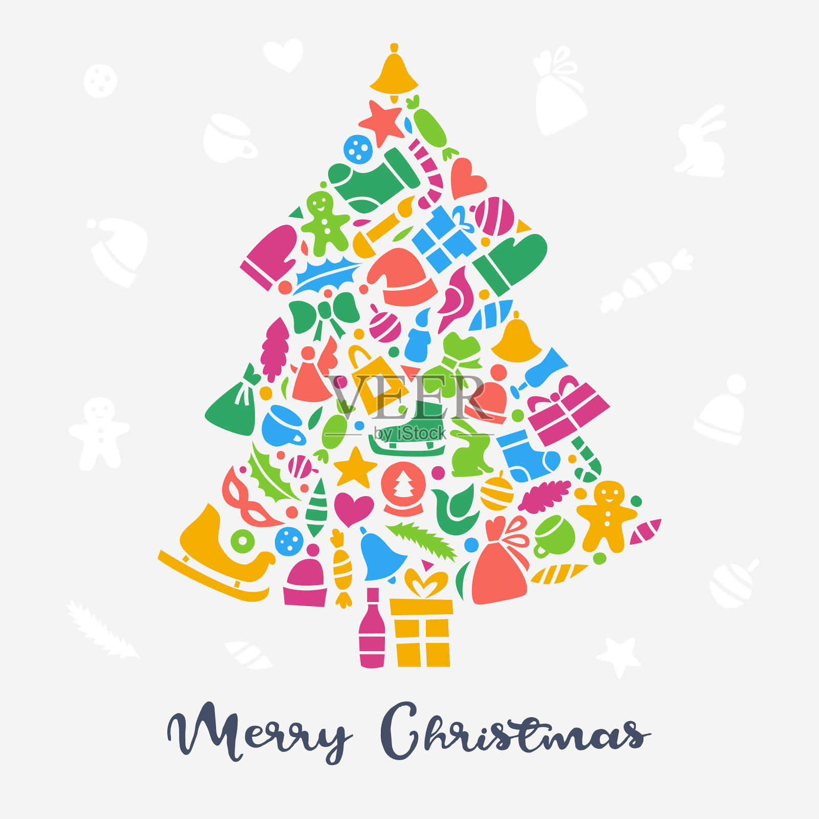 圣诞节贺卡，带圣诞图标的圣诞树，圣诞冷杉树剪影矢量扁平插画插画图片素材