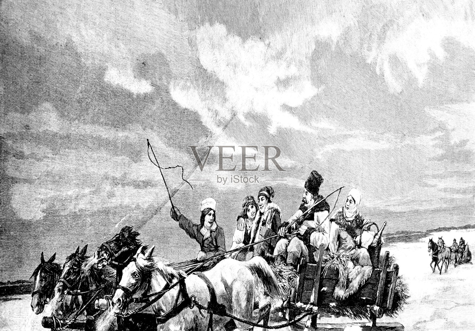 马拉的雪橇和快乐的人们在雪地里插画图片素材