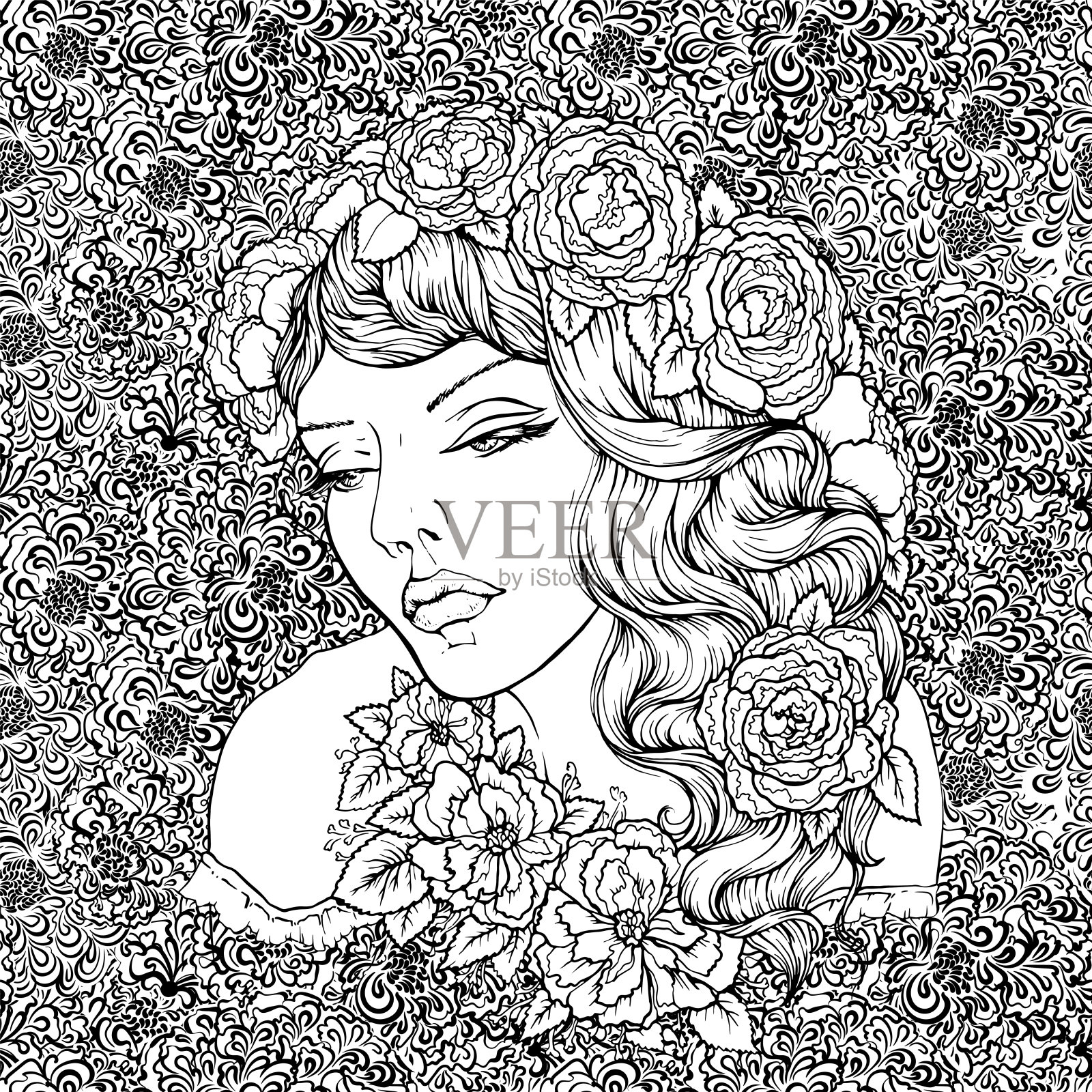 漂亮优雅的波西米亚女孩的脸与花圈的背景。漂亮的卷发和撅着的嘴唇。手绘惊人的花波西米亚涂色书页成人插画图片素材