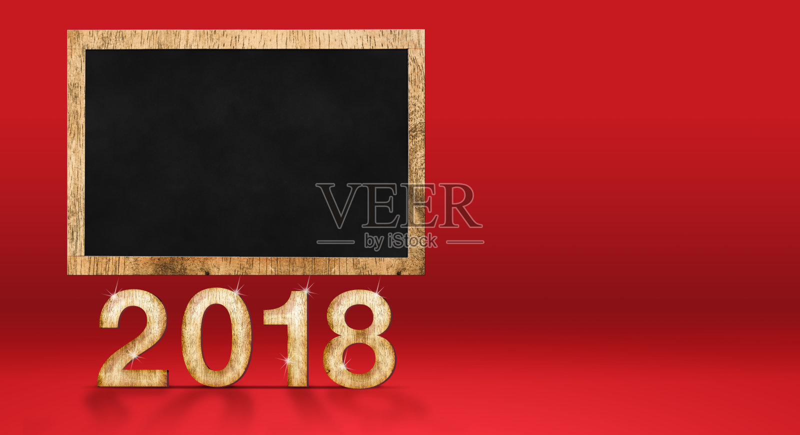 2018年新年与空白黑板在红色演播室背景，假日横幅模拟设计显示您的内容，可用于添加目标列表。3 d渲染。照片摄影图片