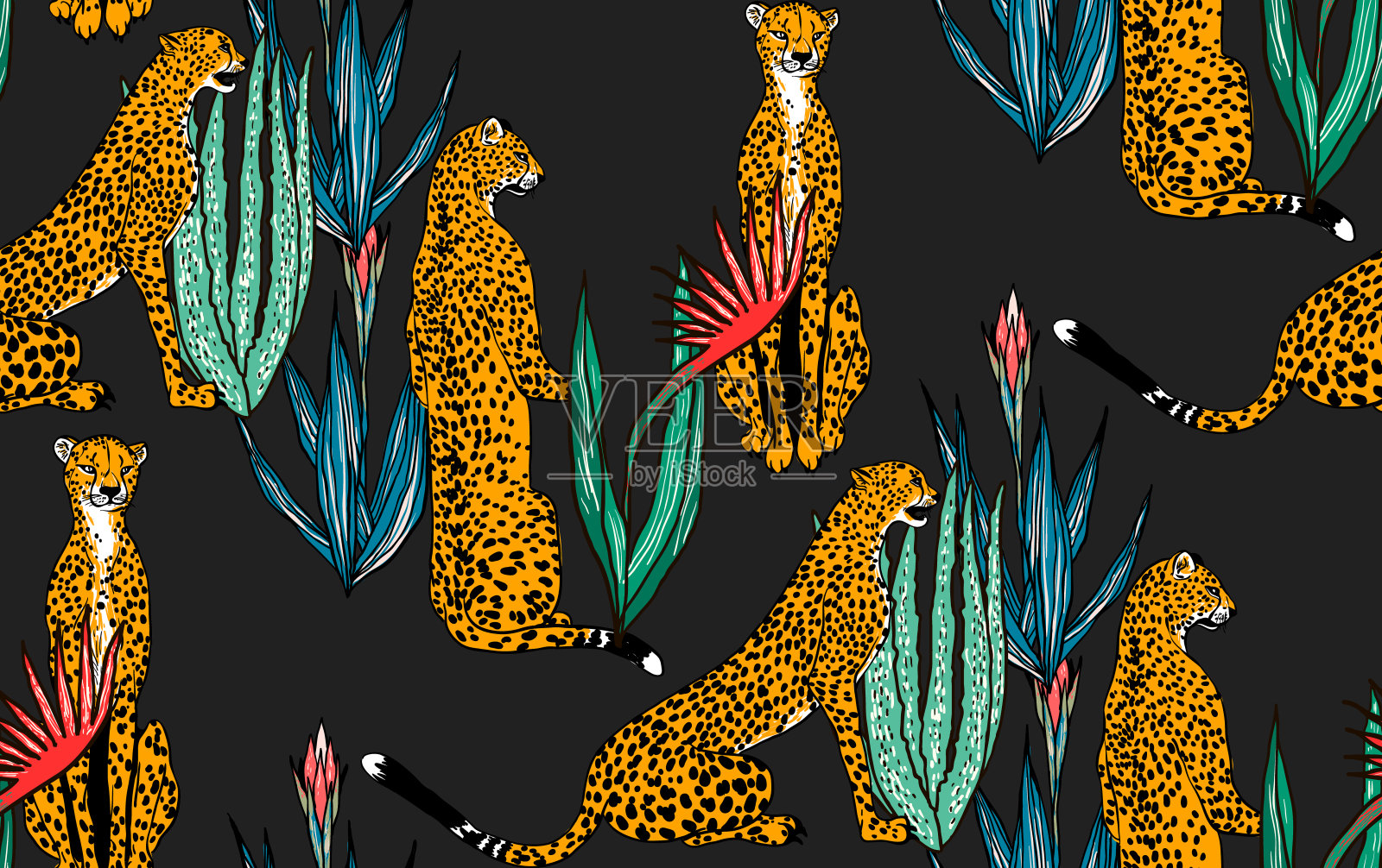 无缝豹在不同姿态的图案。矢量图插画图片素材