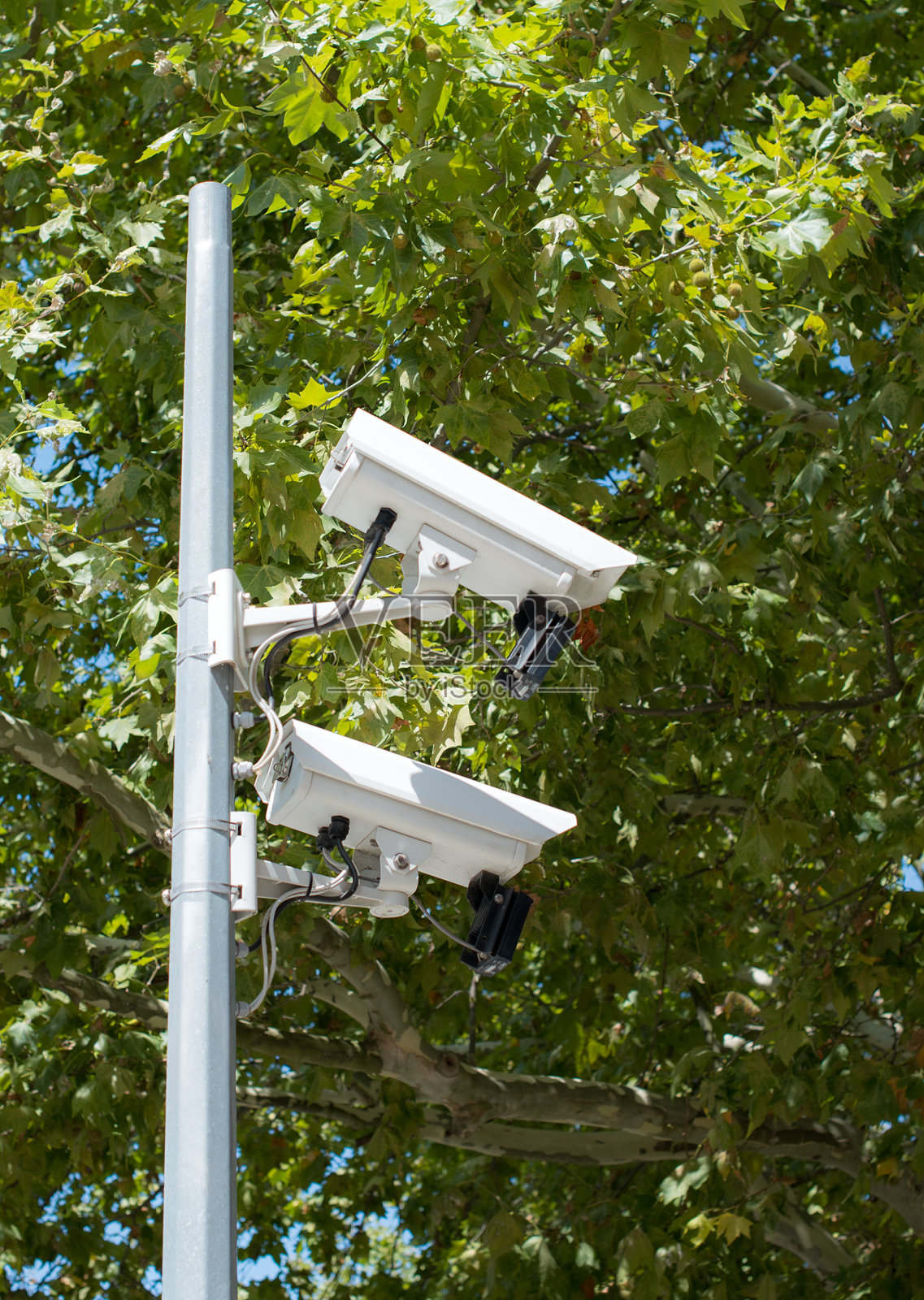 公园里监控摄像头的特写镜头。照片摄影图片