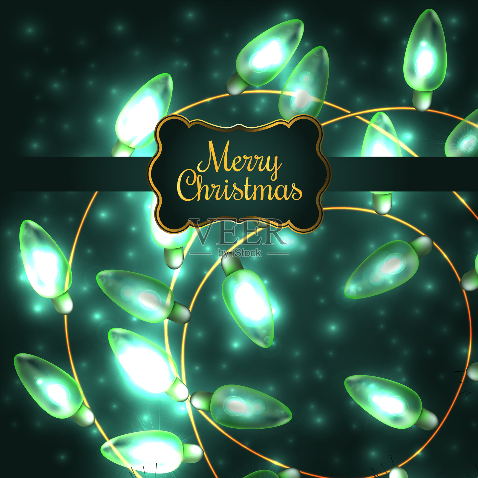 五颜六色的绿色圣诞灯。矢量元素可以用作新年装饰的背景。节日插图，发光的电子花环，闪亮的灯泡和电线插画图片素材