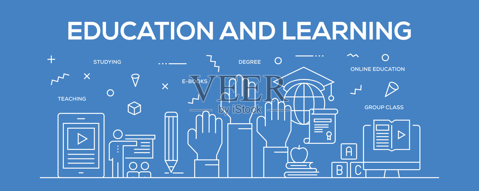 平面线条设计插画的教育与学习理念。横幅为网站标题和着陆页。插画图片素材