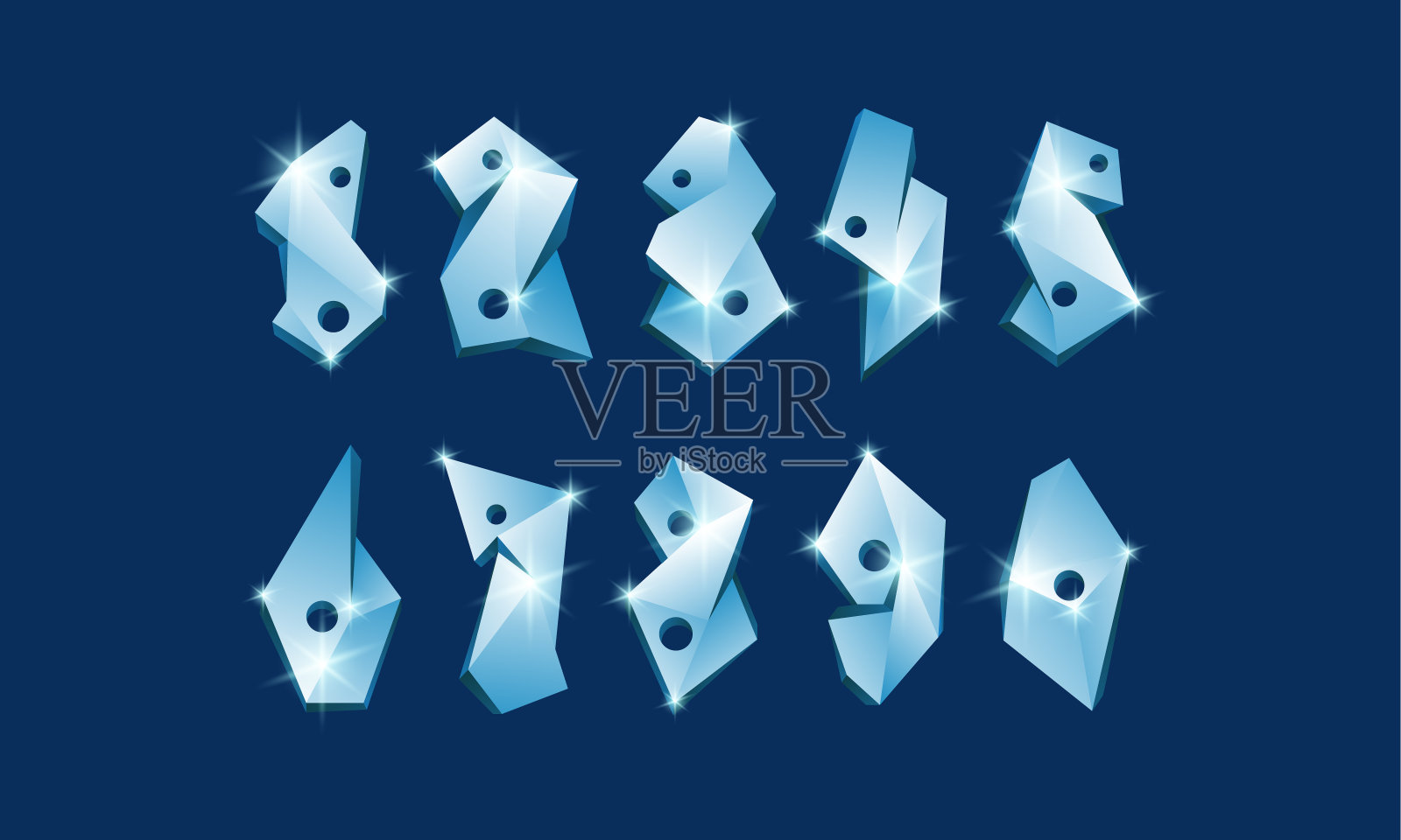 冰多边形数集。抽象玻璃数字字体上的黑色背景。插画图片素材