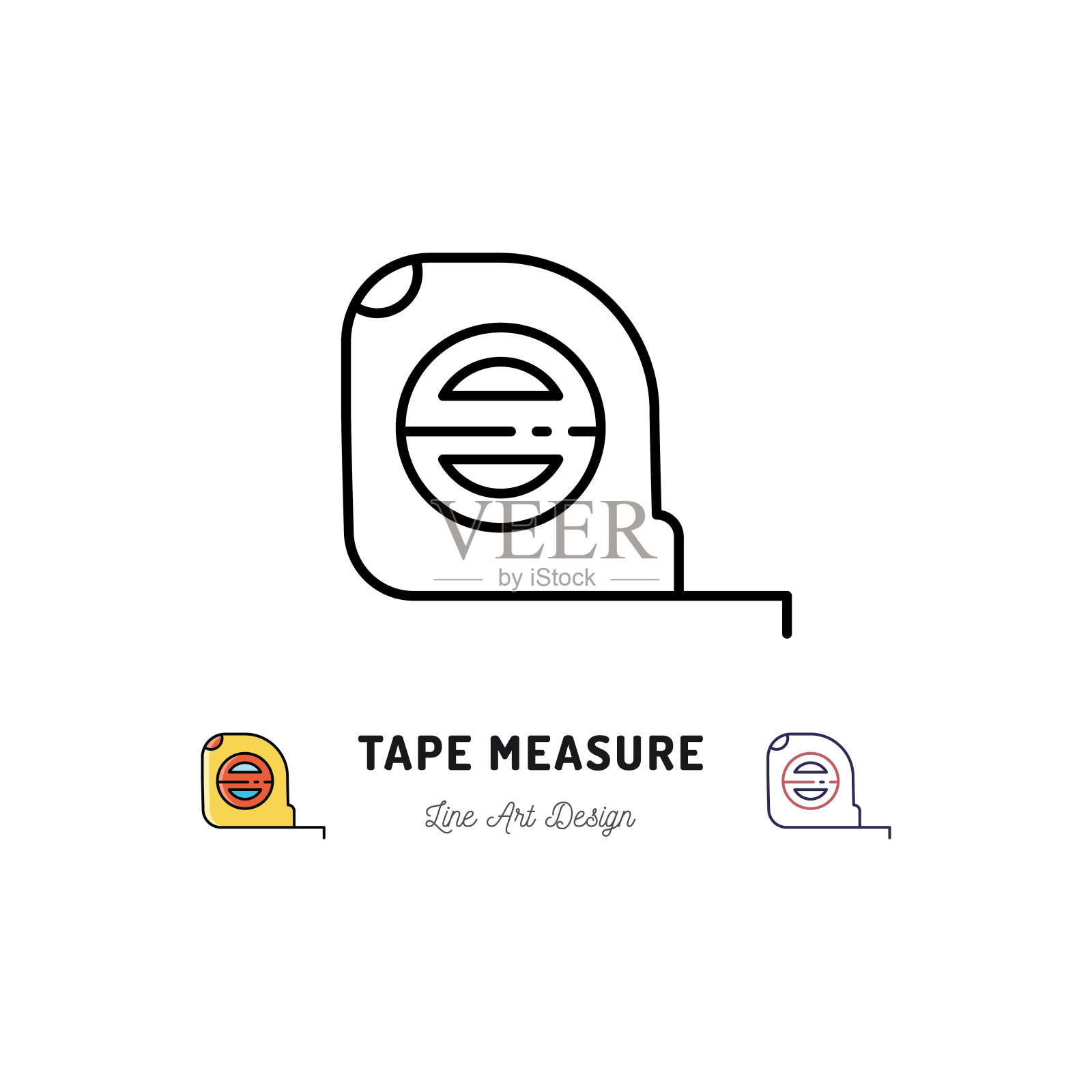 卷尺图标。建筑和家用工具，修理房屋。用卷尺测量艺术图标的细线插画图片素材