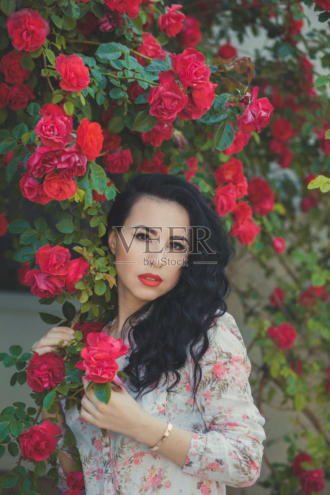 卷发美女身穿名师设计的衬衫和蓝色牛仔短裤，在玫瑰花丛前摆姿势照片摄影图片