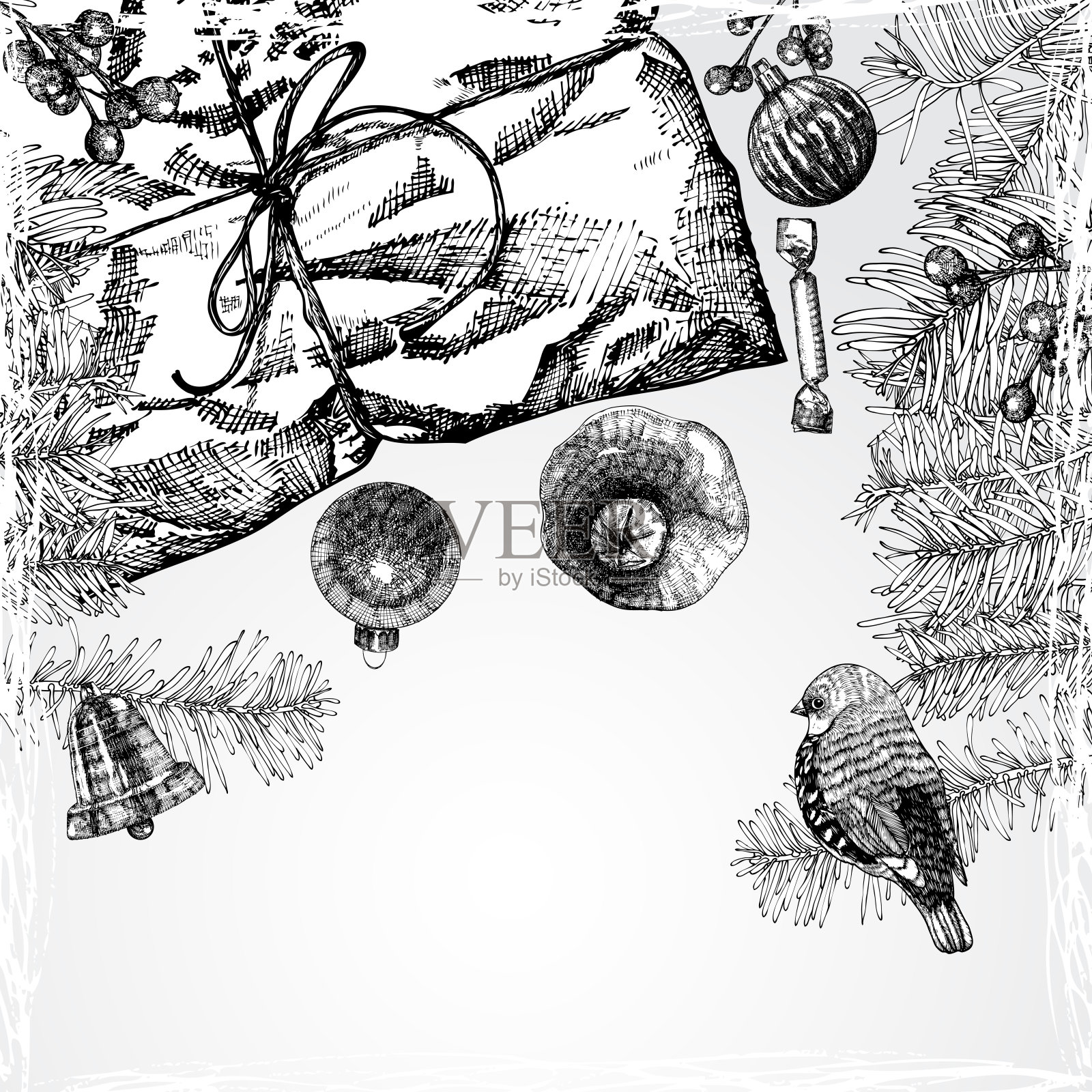 节日圣诞背景桌子与礼物盒和玩具。包装礼物。黑白手绘卡片，并留有邀请文字的空间。向量。插画图片素材