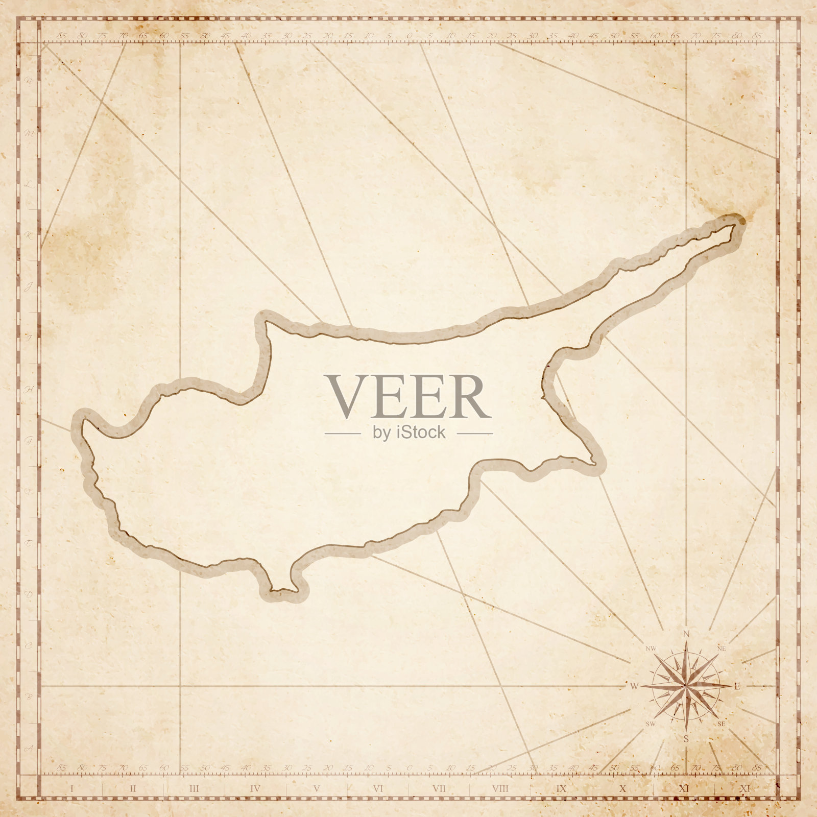 塞浦路斯地图在复古风格-旧纹理纸插画图片素材