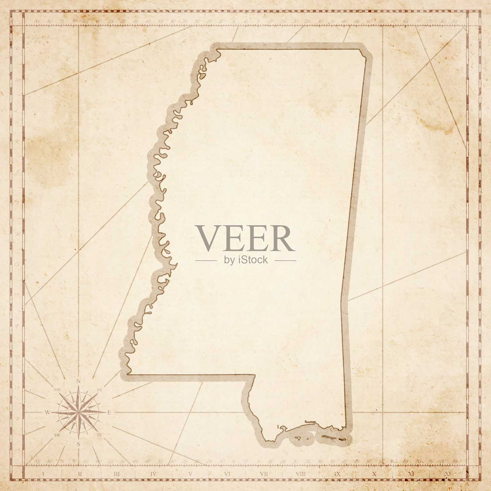 密西西比地图在复古风格-旧纹理纸插画图片素材