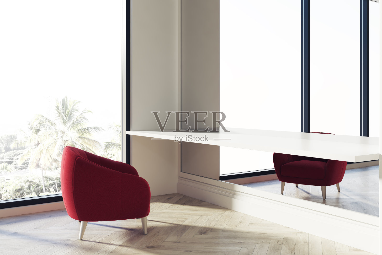 办公室等候区，红色扶手椅，窗户照片摄影图片