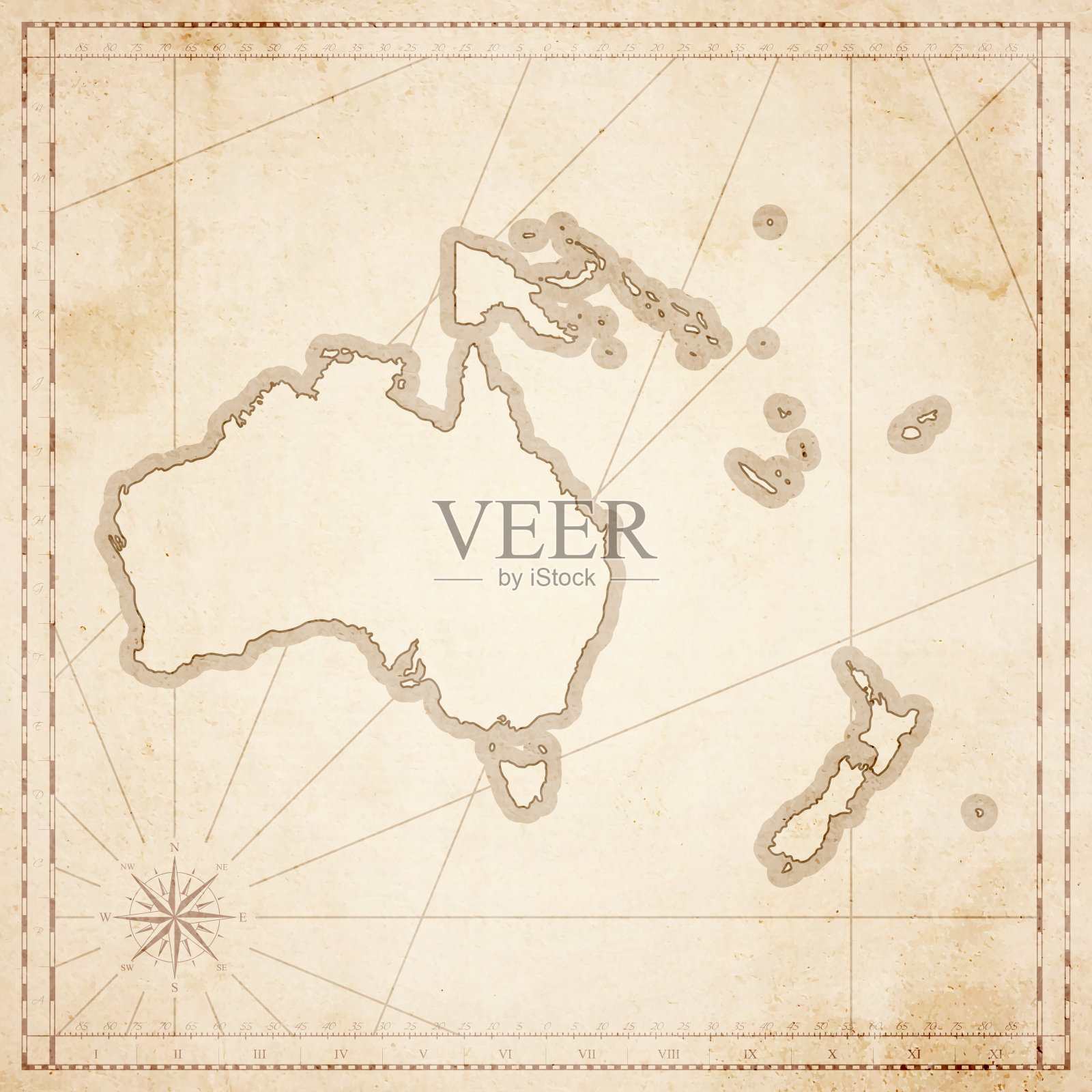 大洋洲地图在复古风格-旧纹理纸插画图片素材