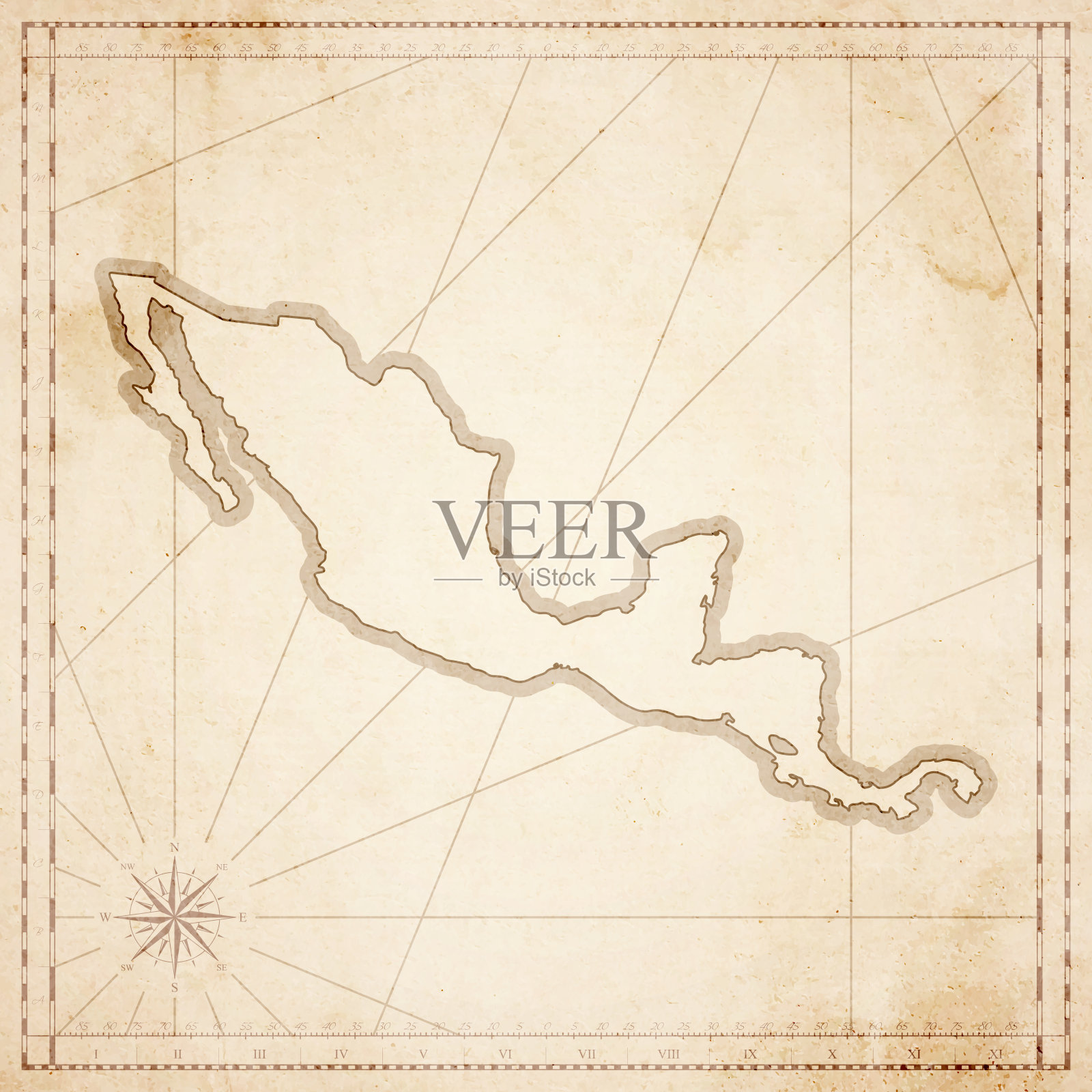 中美洲地图在复古风格-旧纹理纸插画图片素材
