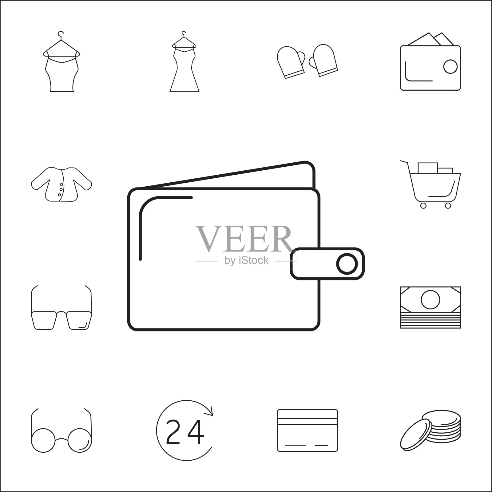 钱包图标。购物元素的集合。优质的平面设计。标志，轮廓符号的收集，简单的细线图标网站，网页设计，移动应用程序，信息图形图标素材