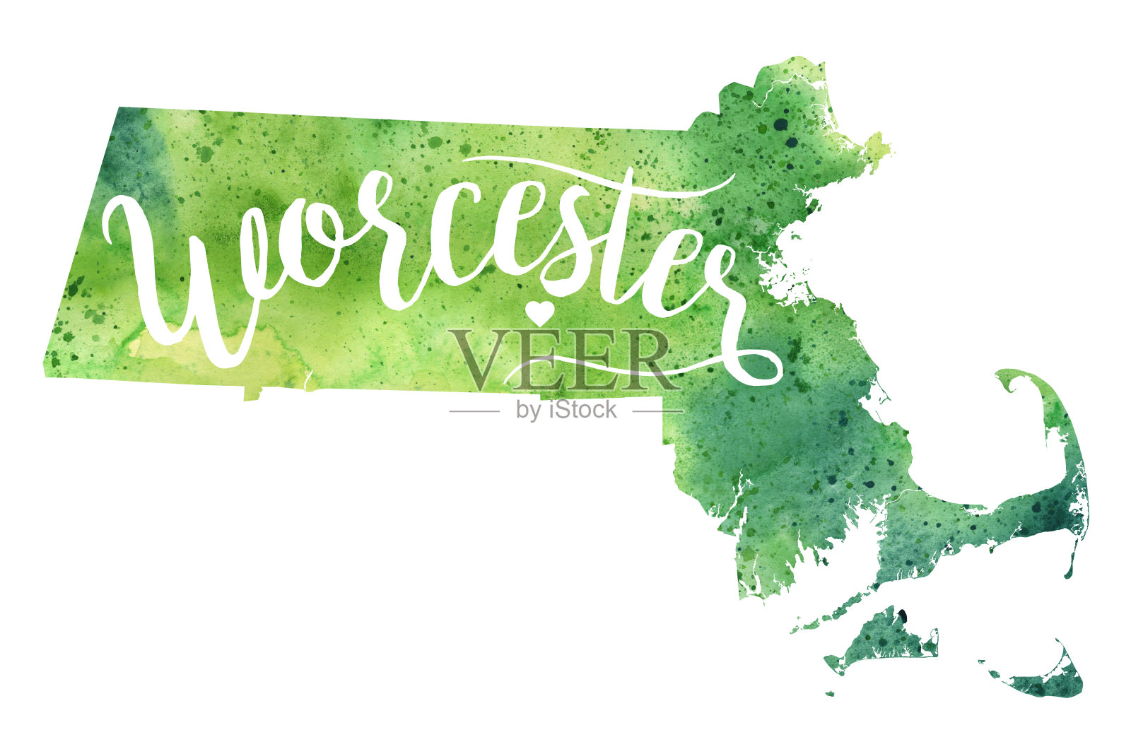 伍斯特，马萨诸塞州，美国水彩地图插画图片素材