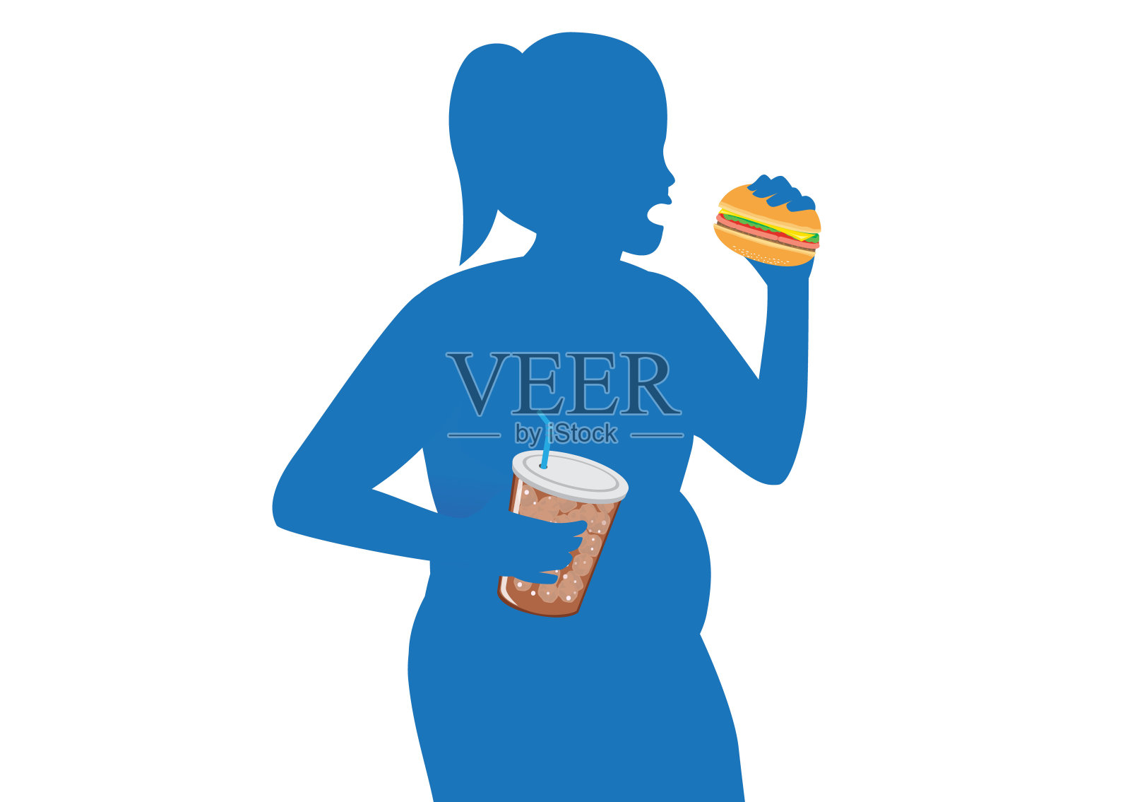 胖女人吃汉堡包的剪影。设计元素图片