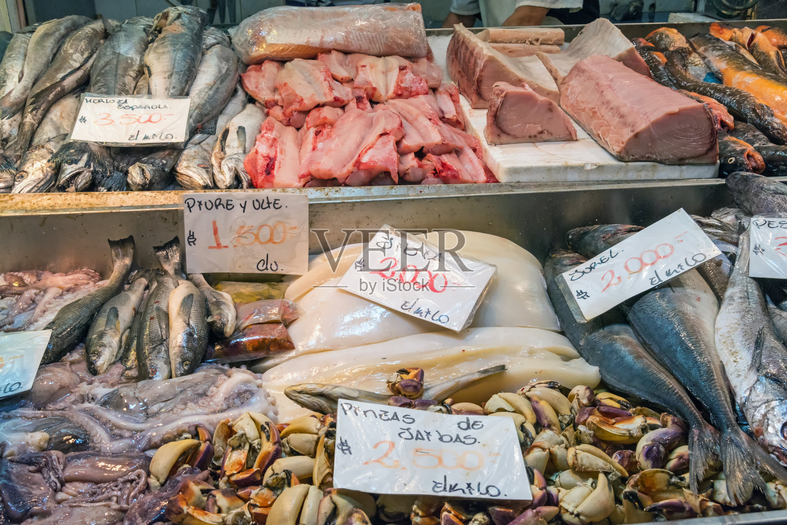 圣地亚哥中央市场的鲜鱼和海鲜照片摄影图片
