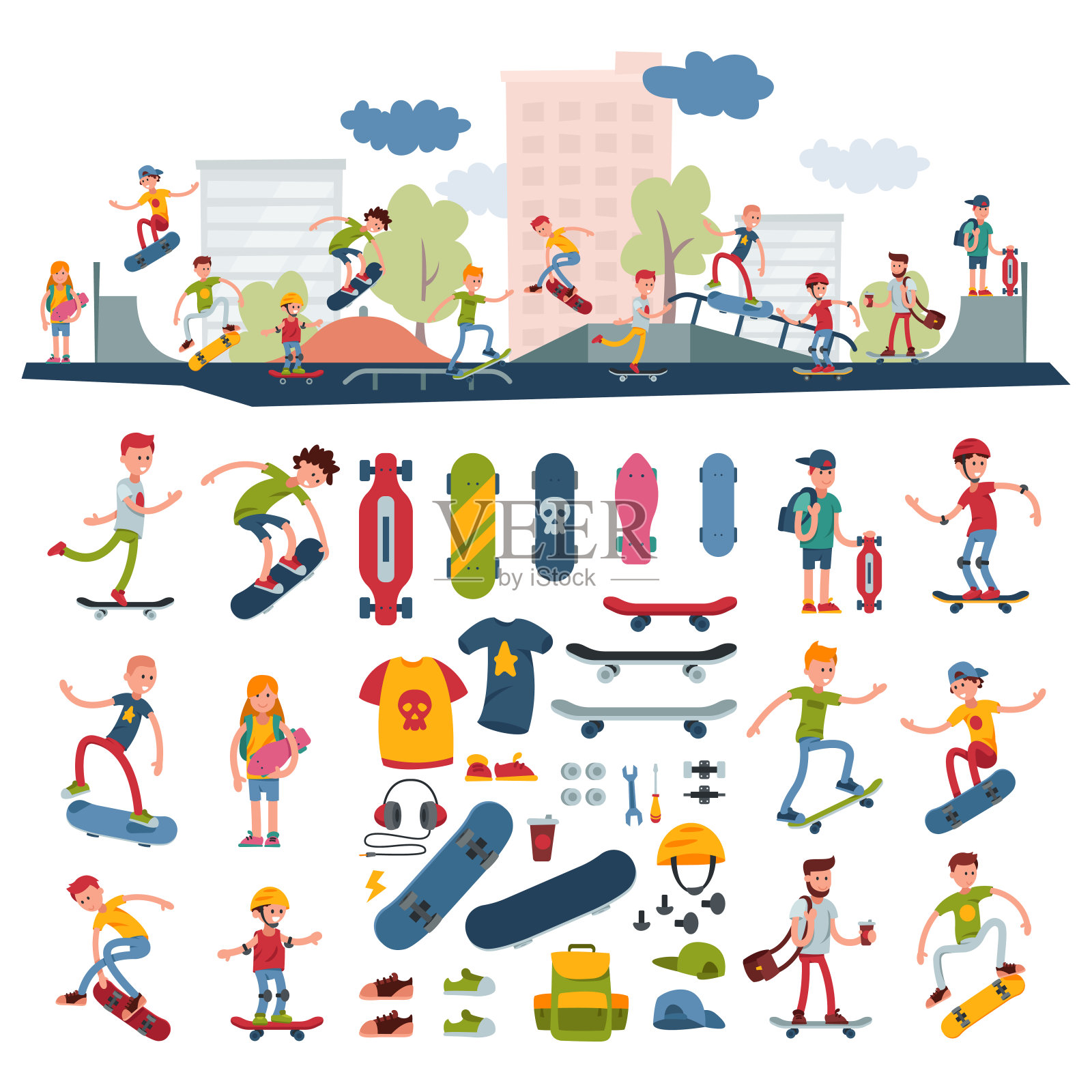 滑板者在滑板矢量字符滑板风格的滑板者跳跃与滑板在滑板公园设置溜冰工具插图孤立的白色背景插画图片素材