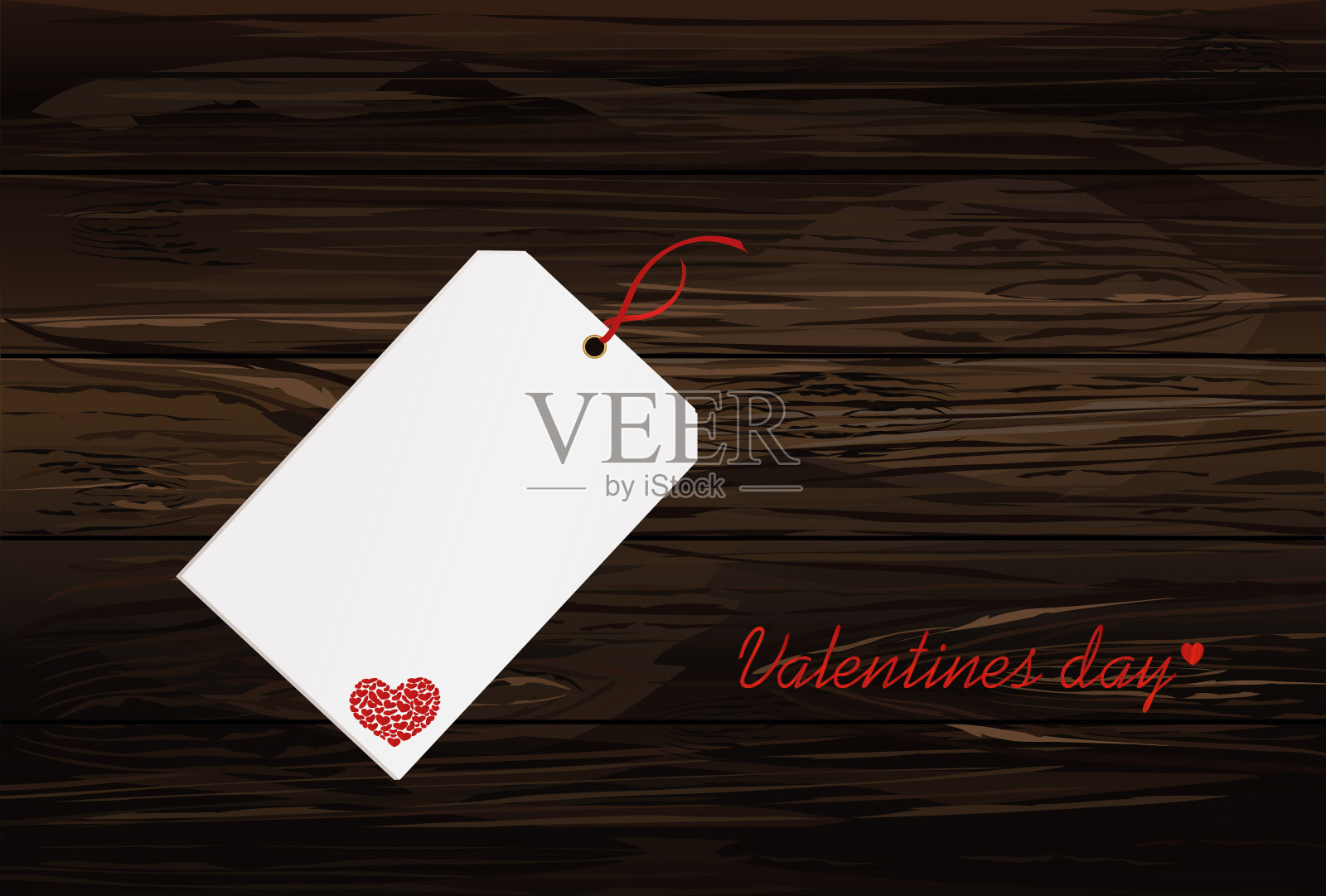 系着红心的礼品卡。矢量图。情人节。木质背景上的节日贺卡。插画图片素材