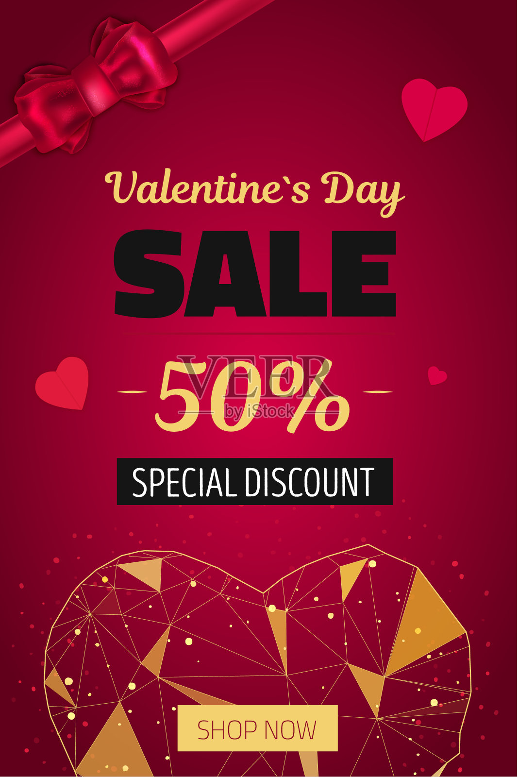 情人节大甩卖设计模板与红色蝴蝶结和金色的心。用于推广的横幅模板设计模板素材