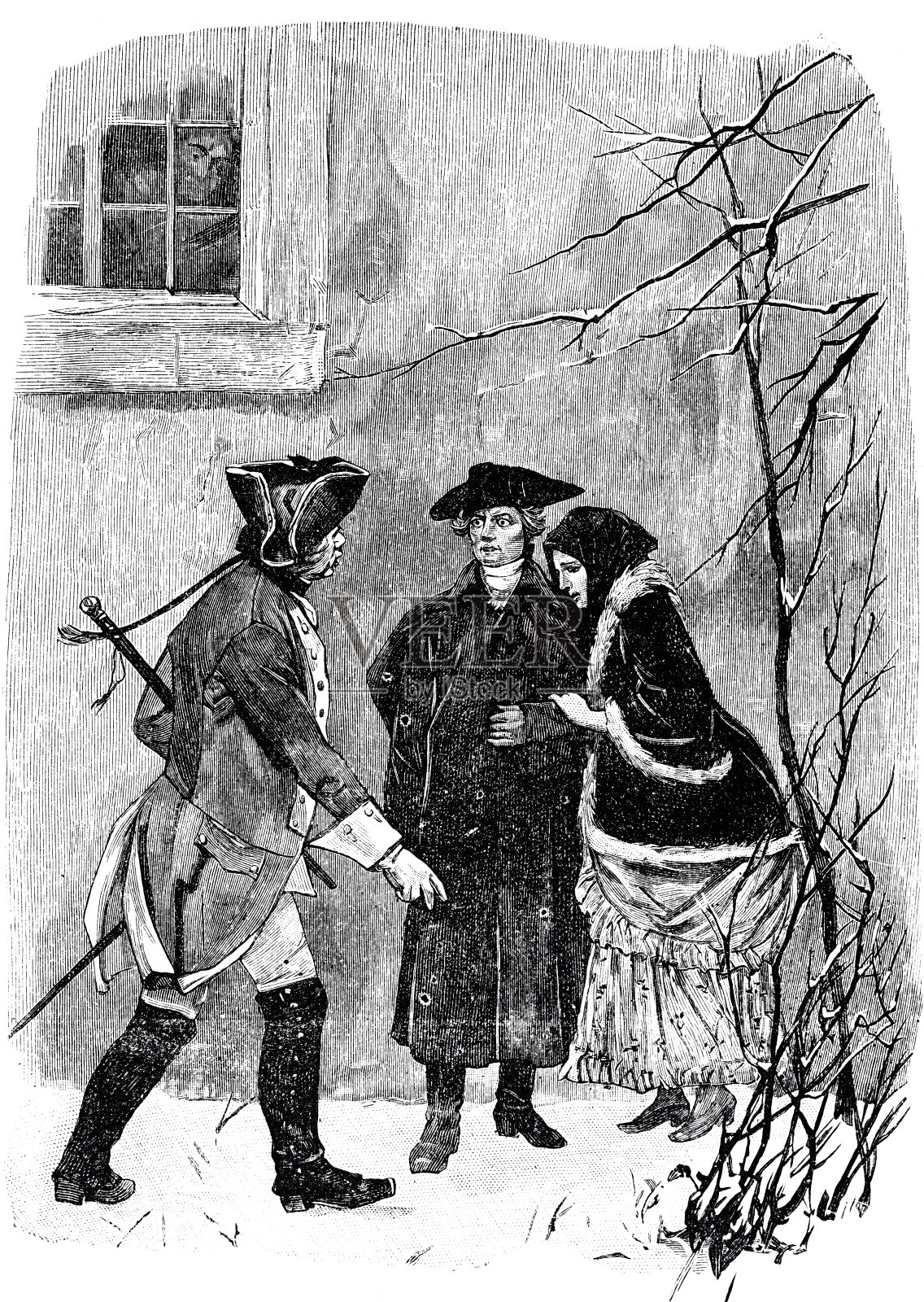 士兵在室外，经过一对站在墙边的夫妇插画图片素材