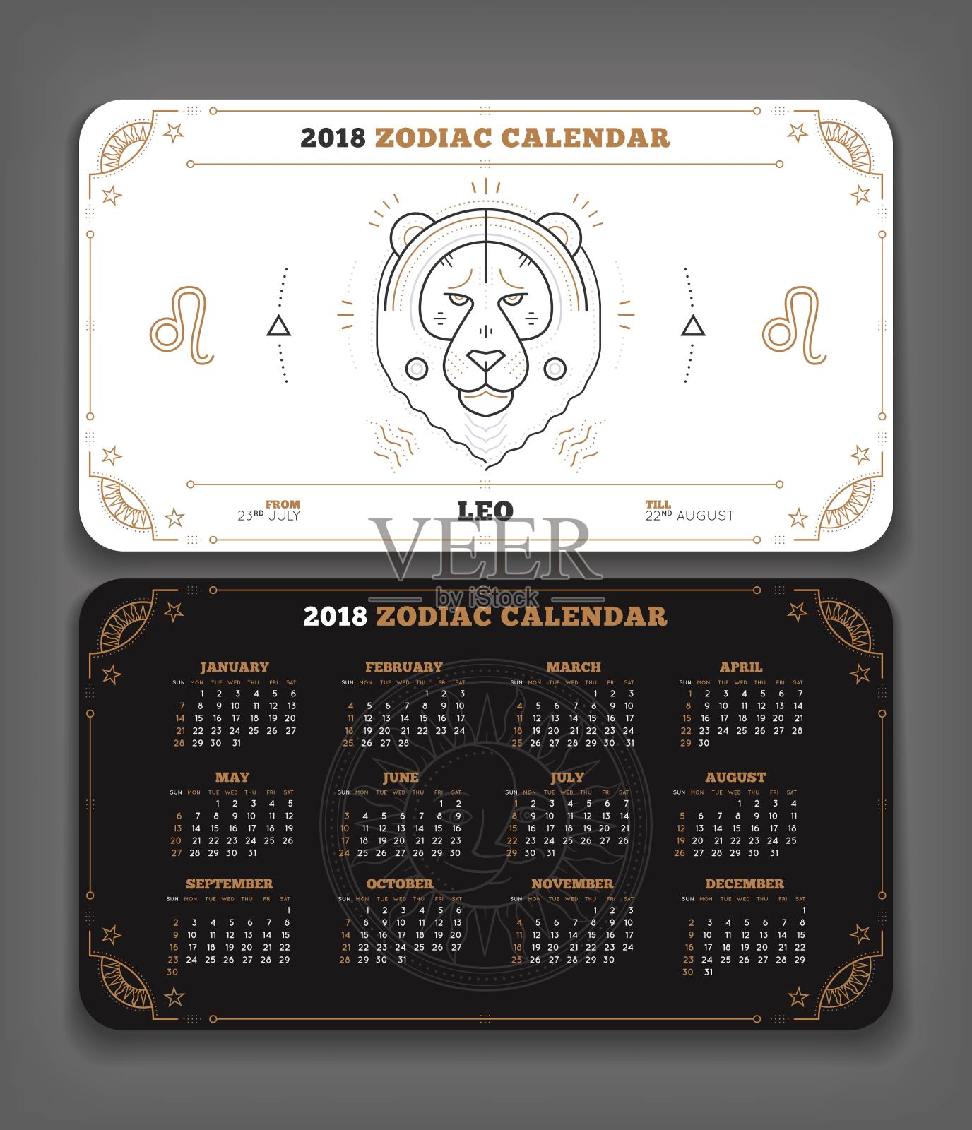 狮子座2018年生肖日历口袋大小水平布局双面黑白色彩设计风格矢量概念插图插画图片素材