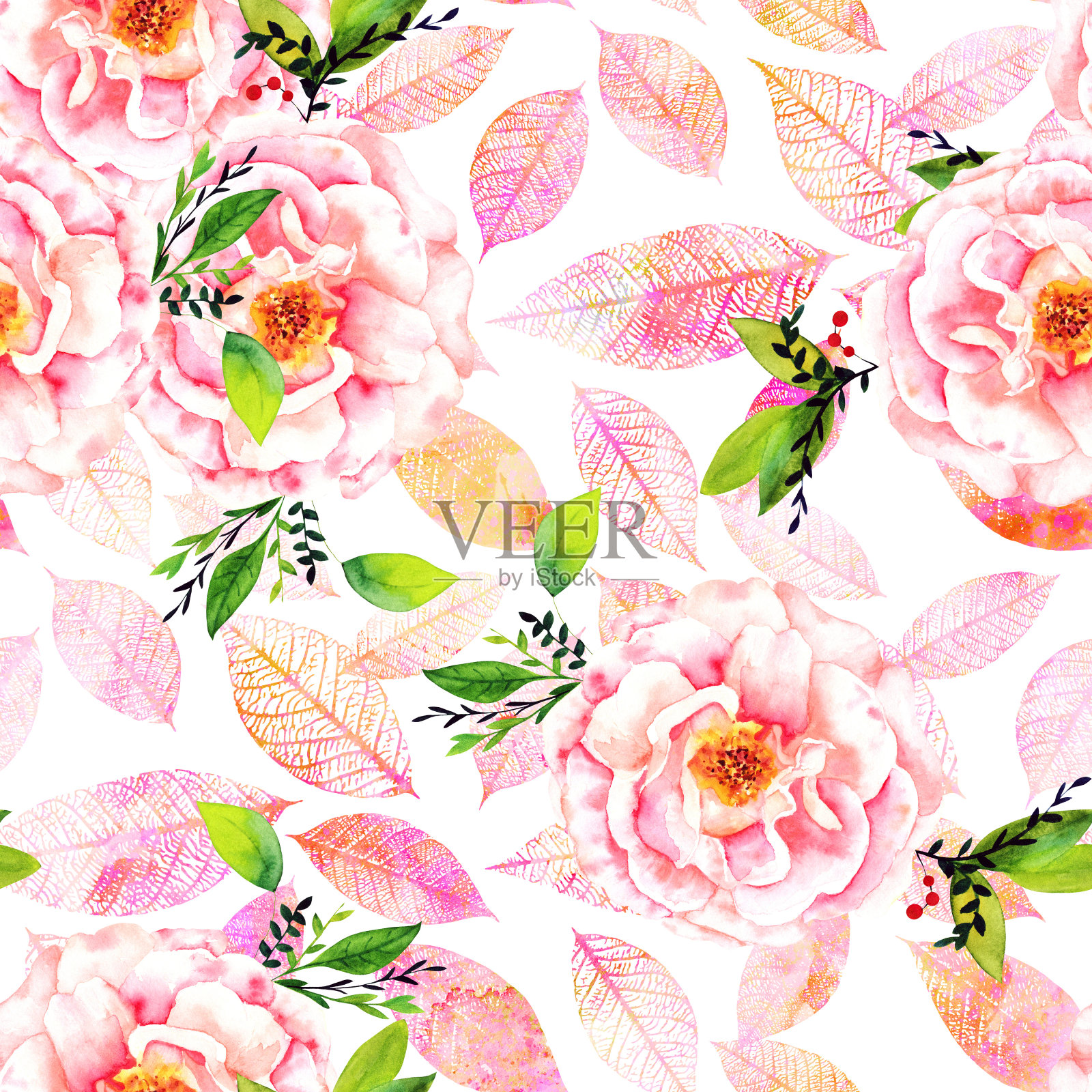 无缝水彩玫瑰花蕾和叶图案，粉红叶插画图片素材