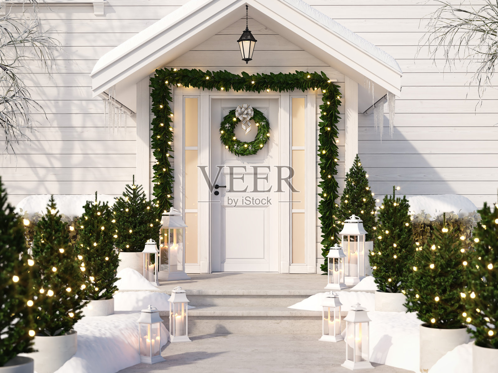 圣诞节用小树和灯笼装饰门廊。三维渲染照片摄影图片