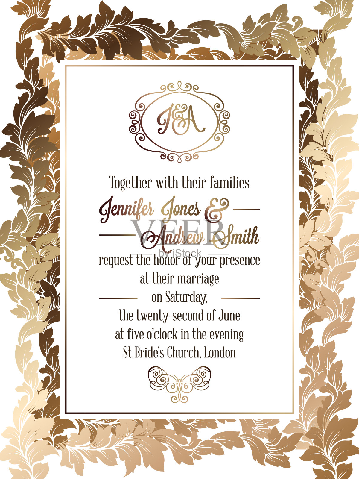 复古巴洛克风格的婚礼邀请卡模板。设计模板素材