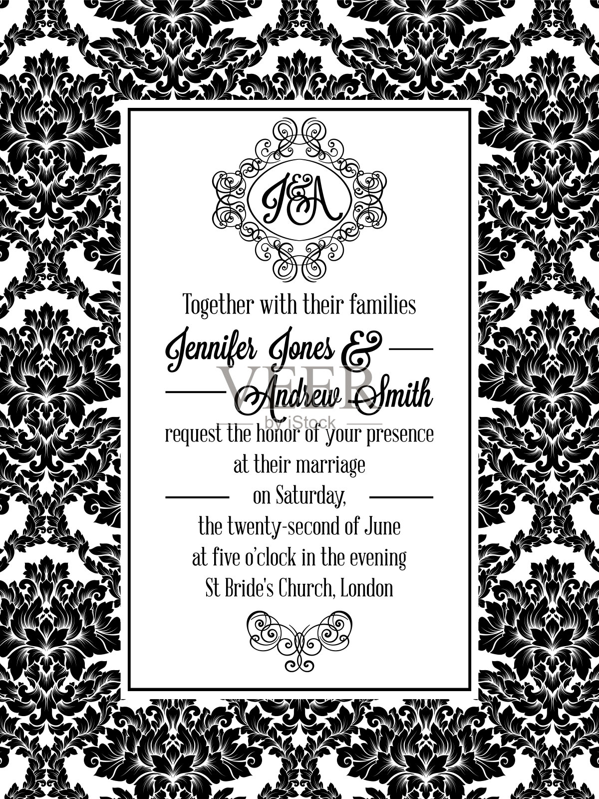 缎子图案设计的婚礼请柬在黑色和白色。锦缎皇家框架和精致的字母设计模板素材