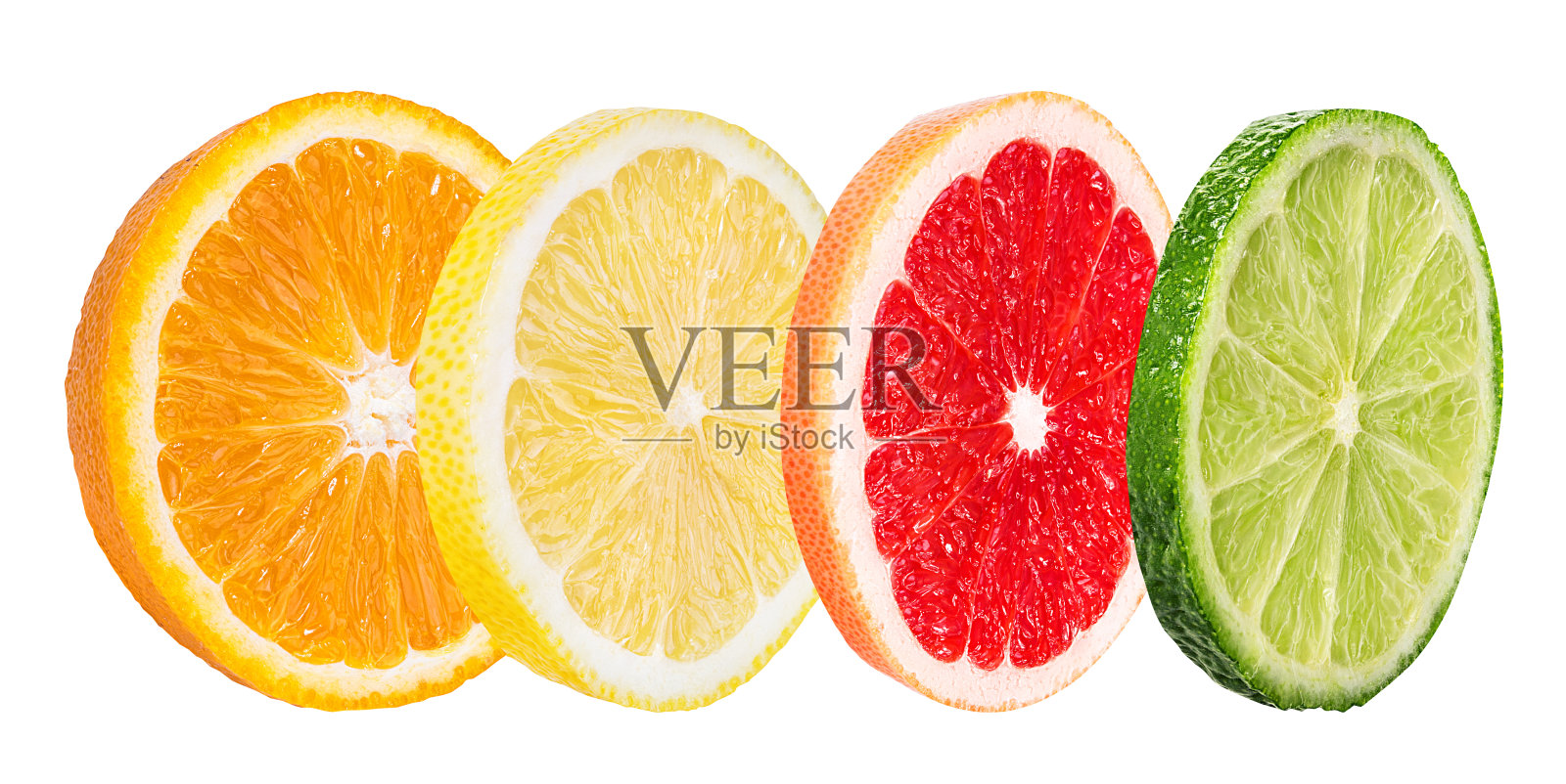 柑橘类水果(橙子，葡萄柚，酸橙，柠檬)孤立在白色上照片摄影图片