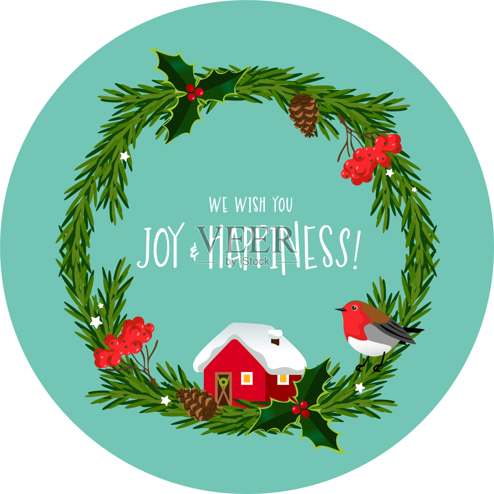 手工制作的带有小房子的圣诞花环插画图片素材