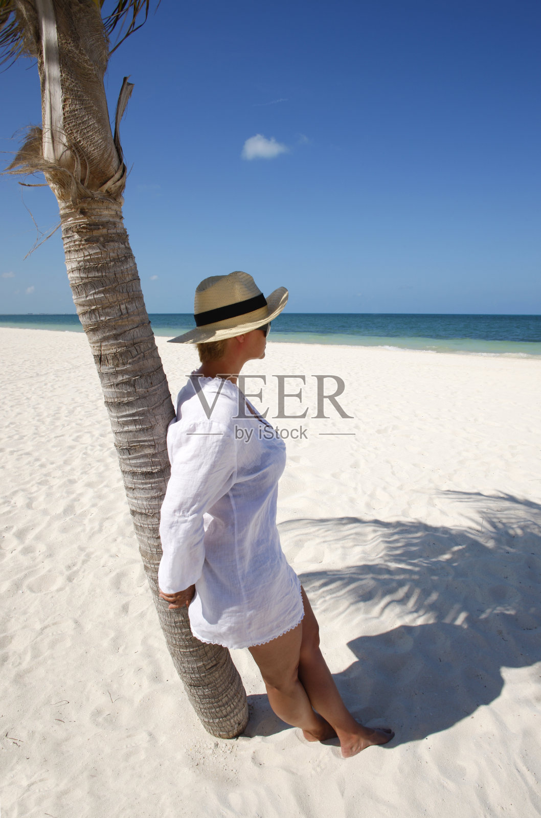 白沙滩上的女人，靠在棕榈树上。照片摄影图片