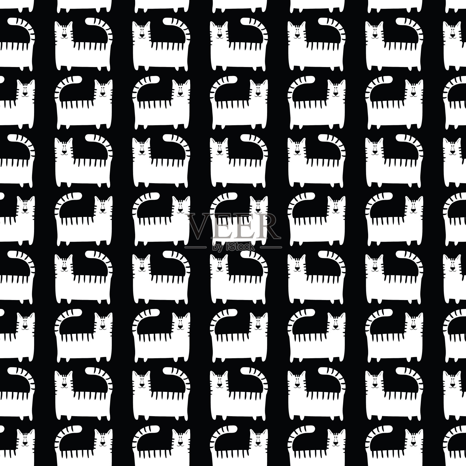 平底风格酷猫黑白无缝图案插画图片素材