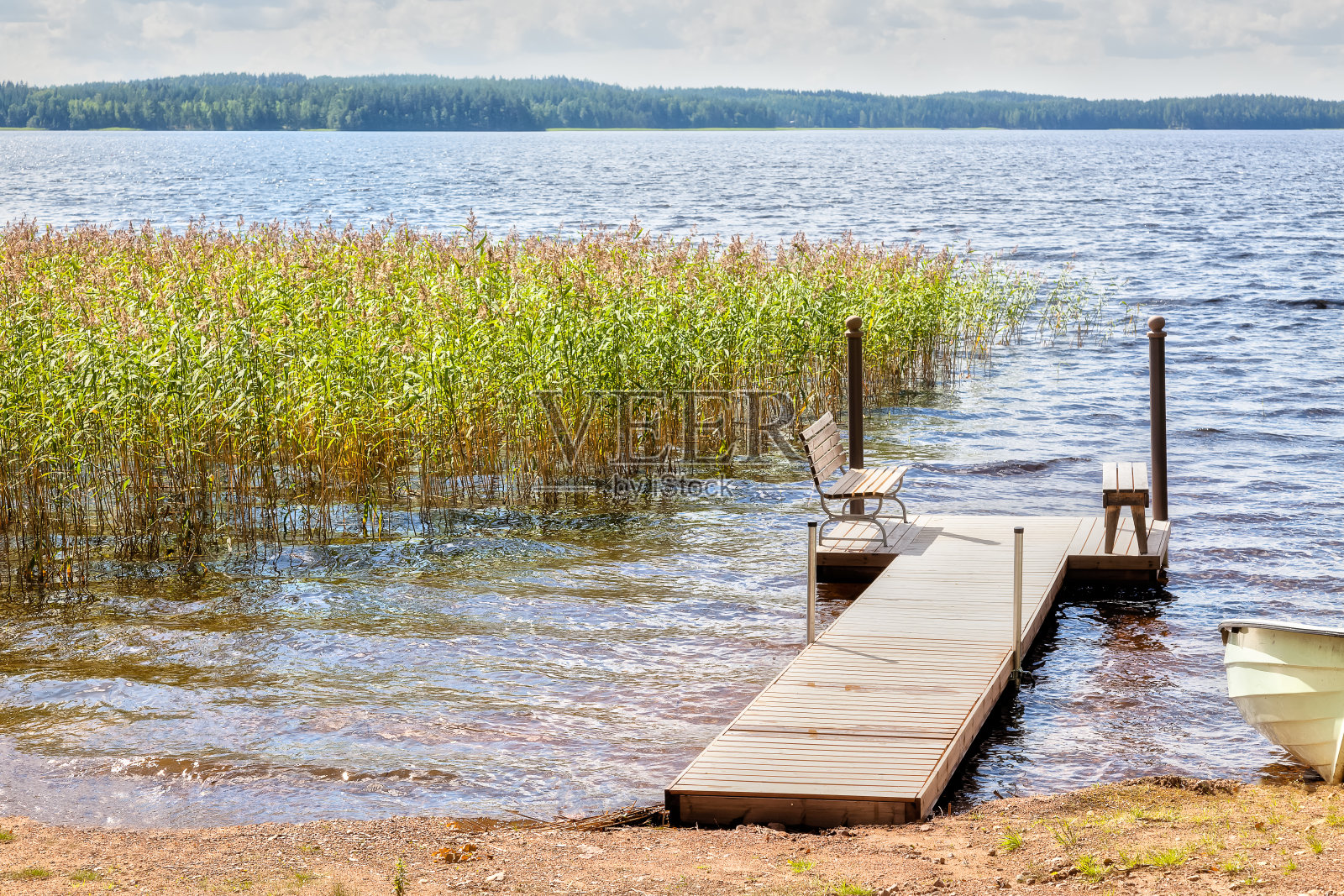 夏天，湖面上有码头和小船照片摄影图片