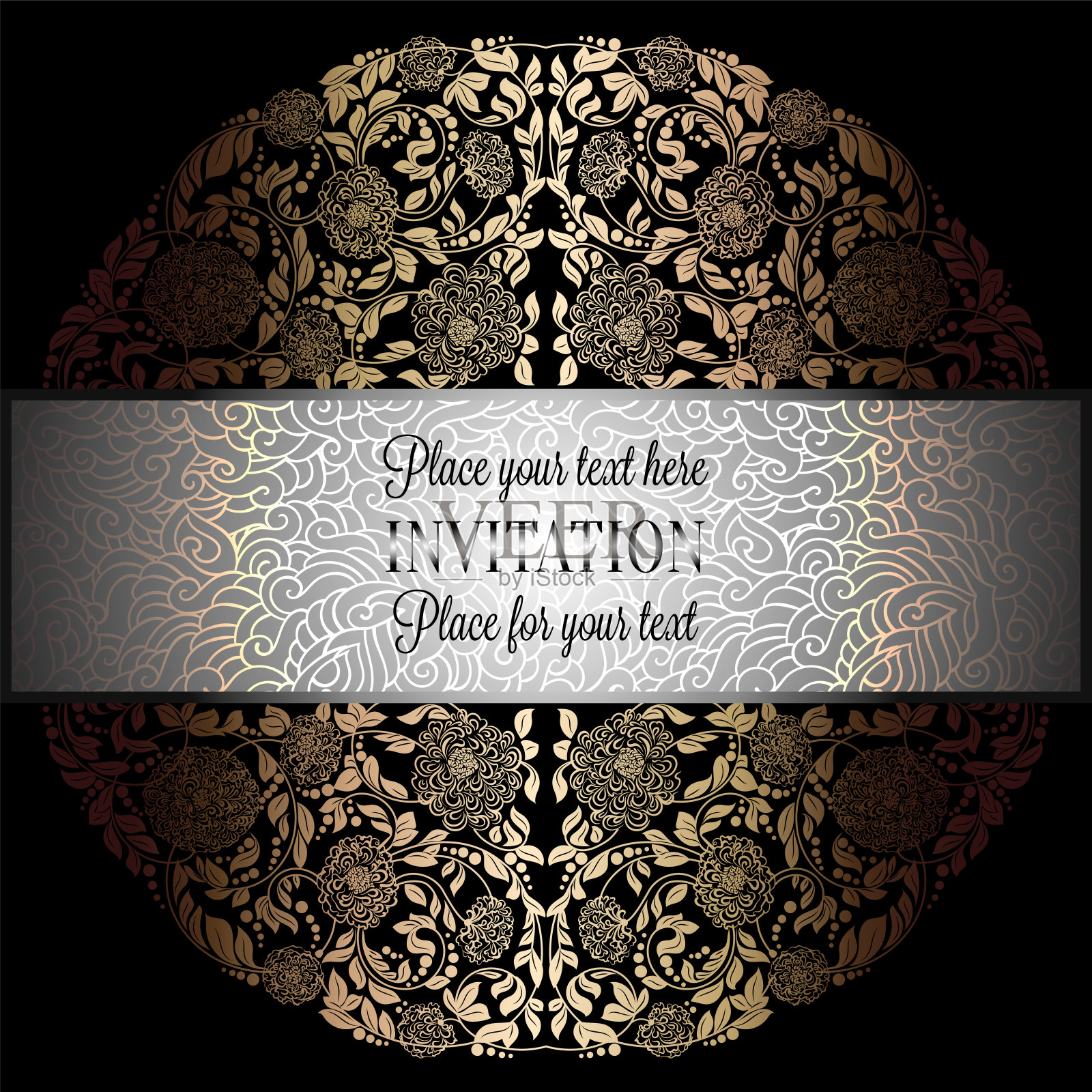 巴洛克背景与古董，豪华的黑色和金色古董框架，维多利亚旗帜，缎花墙纸装饰品，邀请卡，巴洛克风格小册子，时尚图案，模板设计设计模板素材