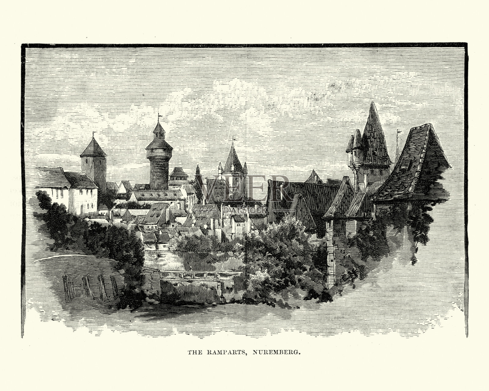 德国纽伦堡堡垒，19世纪插画图片素材
