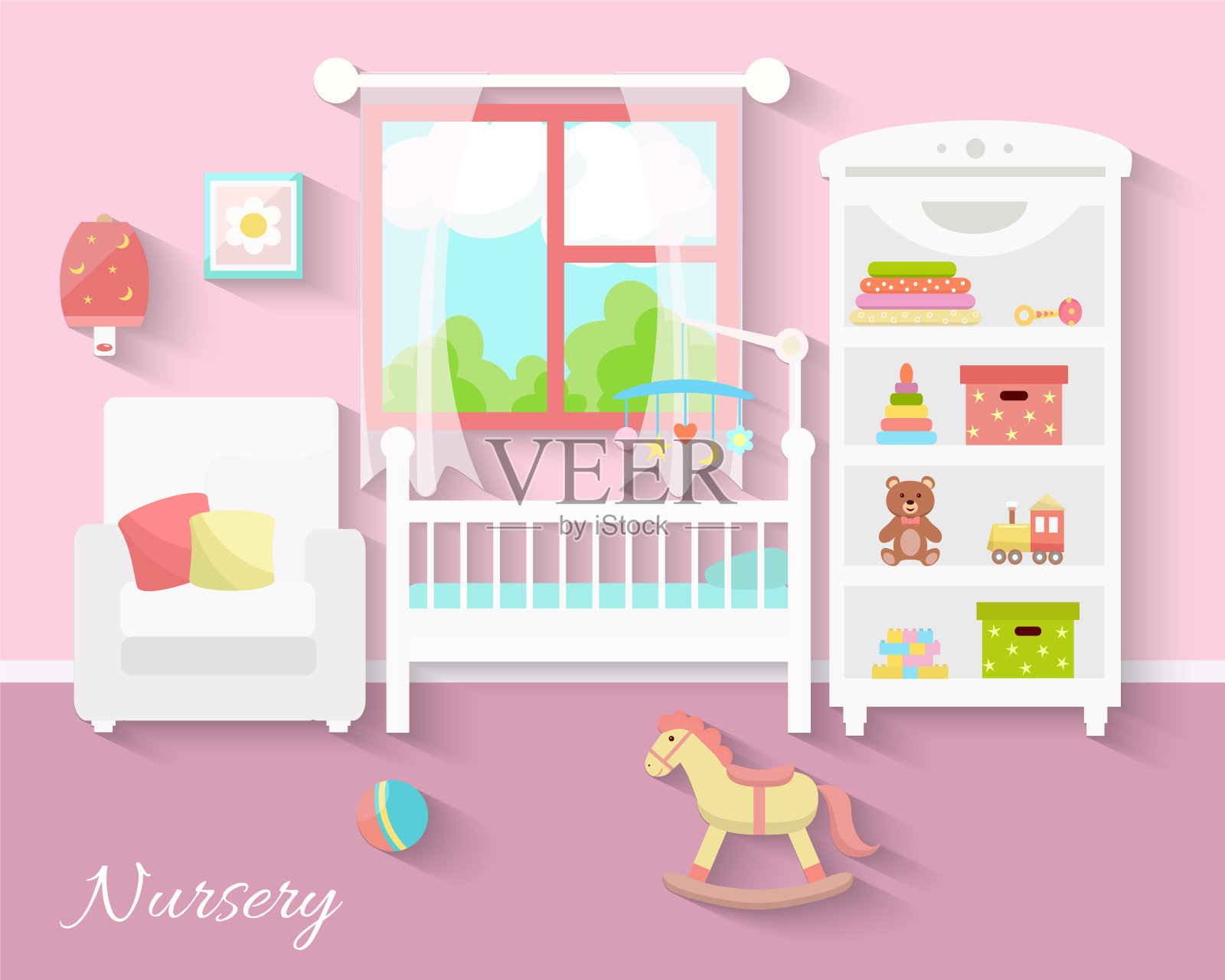 婴儿房间内部。有玩具、婴儿床、扶手椅和小地毯的婴儿房插画图片素材